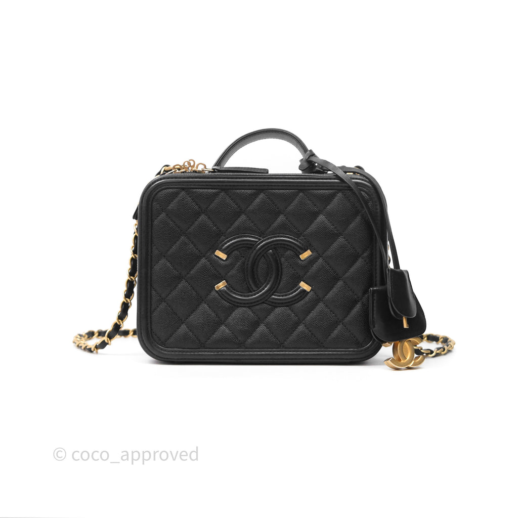 Chanel Quilted Medium CC Filigree Vanity Case Black Caviar Aged Gold Hardware
