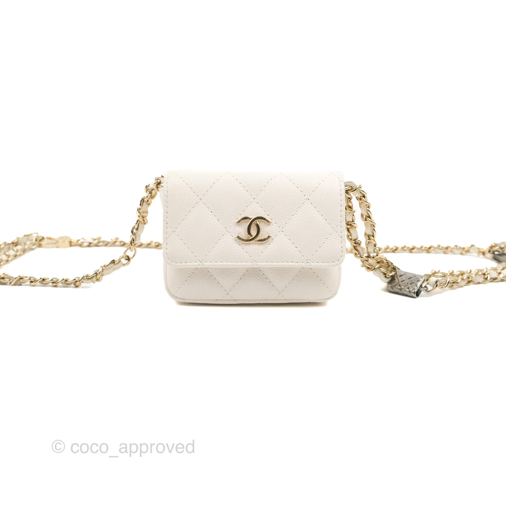 Chanel Mini Card Holder Charms Chain Belt Bag White Caviar Gold Hardware