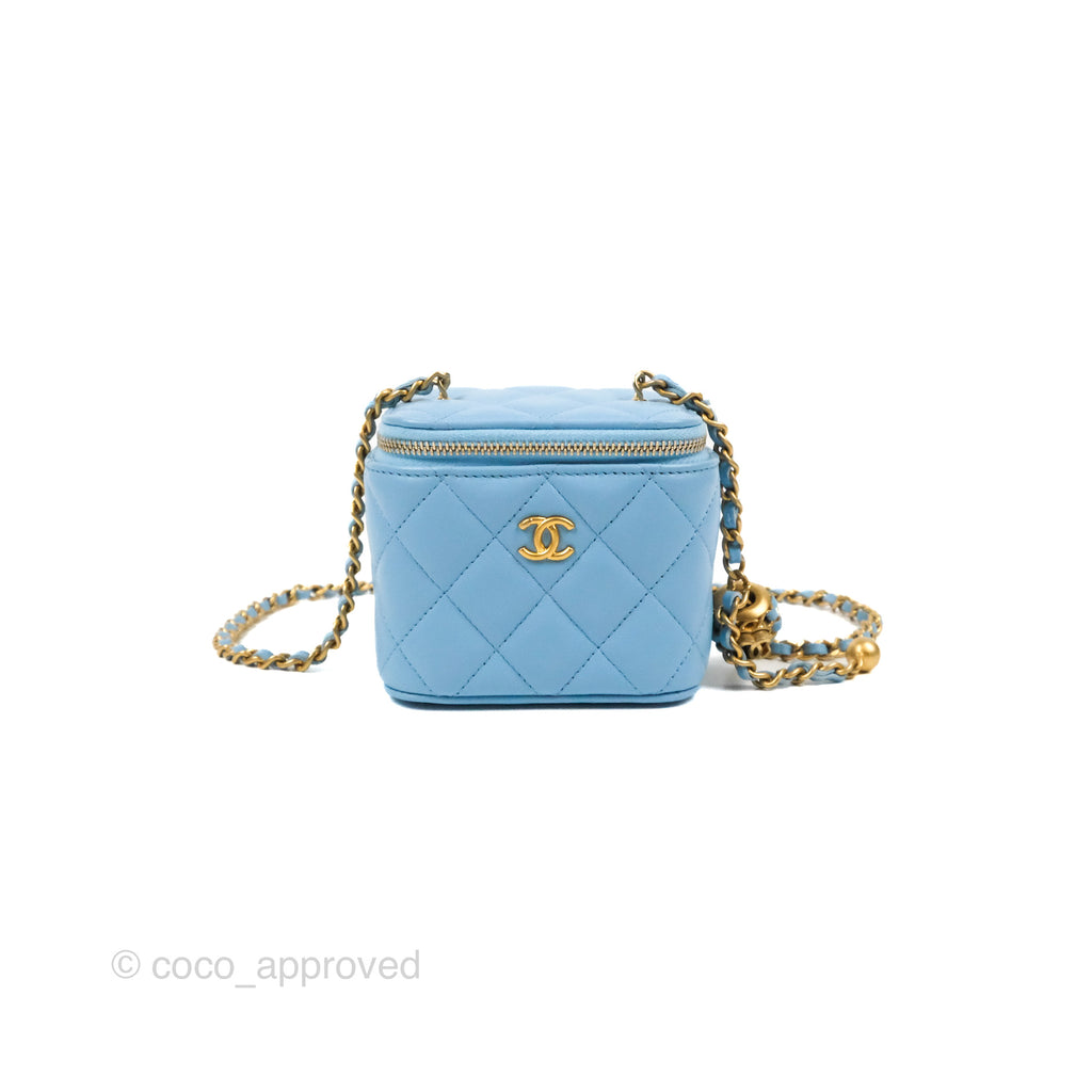 Chanel Pearl Crush Mini Vanity With Chain Blue Lambskin Aged Gold Hardware