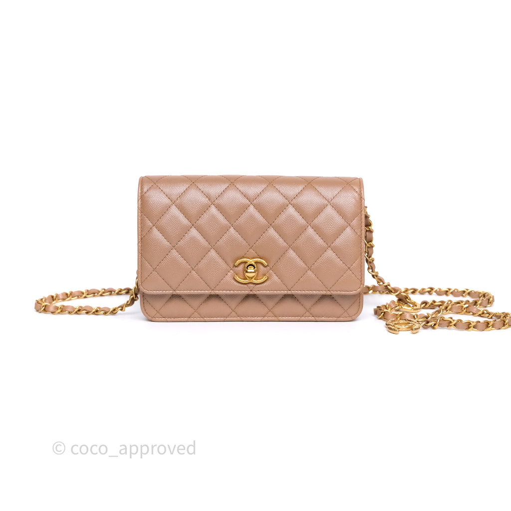 Chanel Wallet On Chain WOC Adjustable CC Chain Beige Iridescent Caviar Aged Gold Hardware