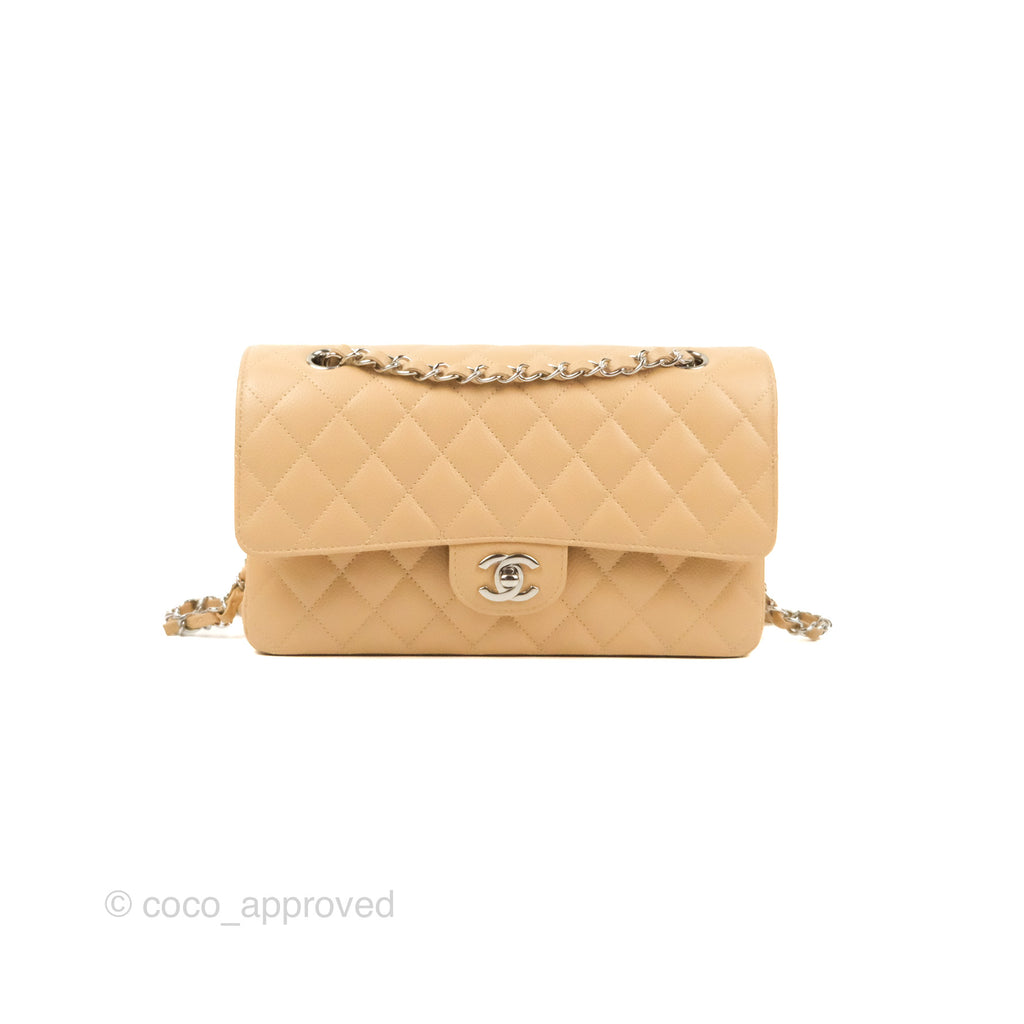 Chanel Classic M/L Medium Flap Quilted Beige Caviar Silver Hardware