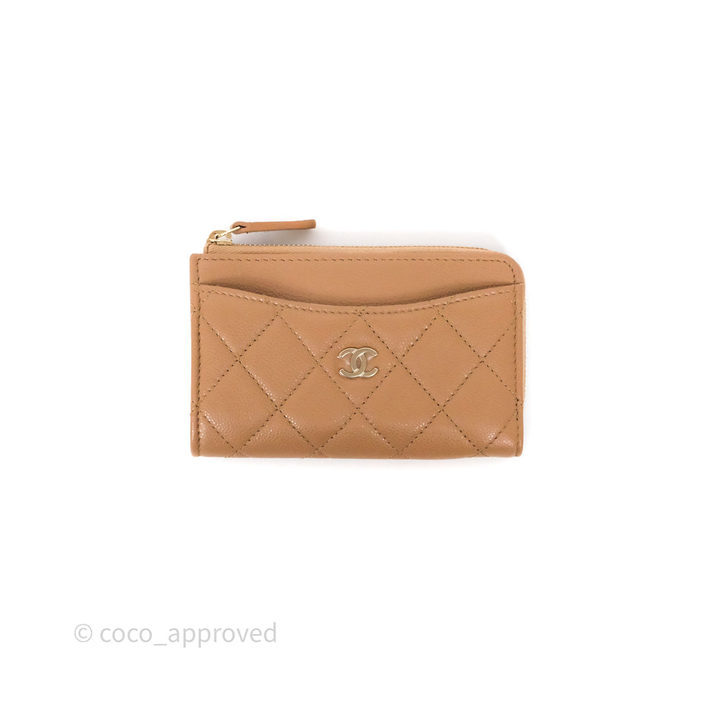 Chanel Quilted Zip Card Holder Dark Beige Caviar Gold Hardware 23S