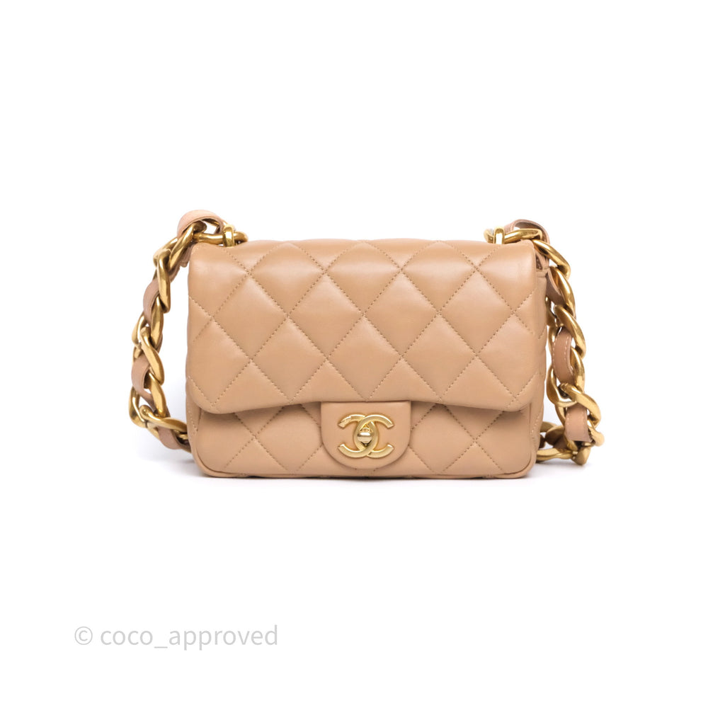 Chanel Small Chunky Chain Flap Bag Lambskin Beige Aged Gold Hardware 22S
