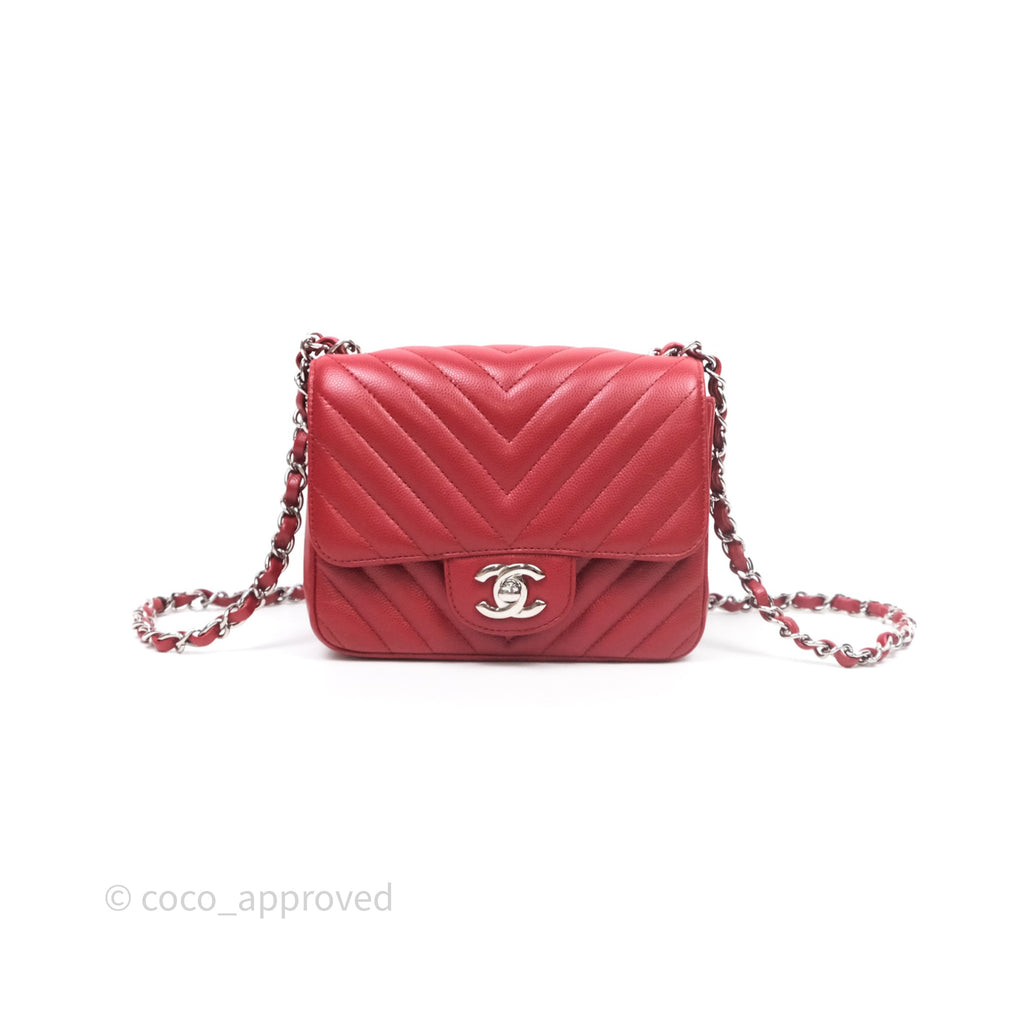 Chanel Mini Square Chervon Red Caviar Silver Hardware