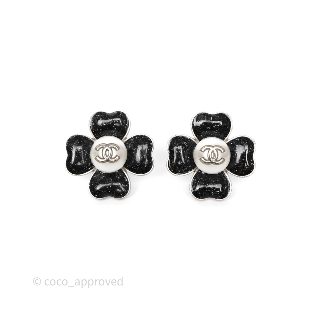 Chanel CC Pearl Black Flower Earrings Silver Tone 21B