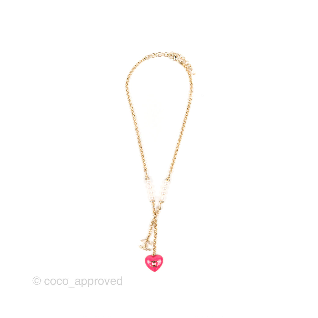 Chanel Pink CC Heart Necklace Gold Tone 23P