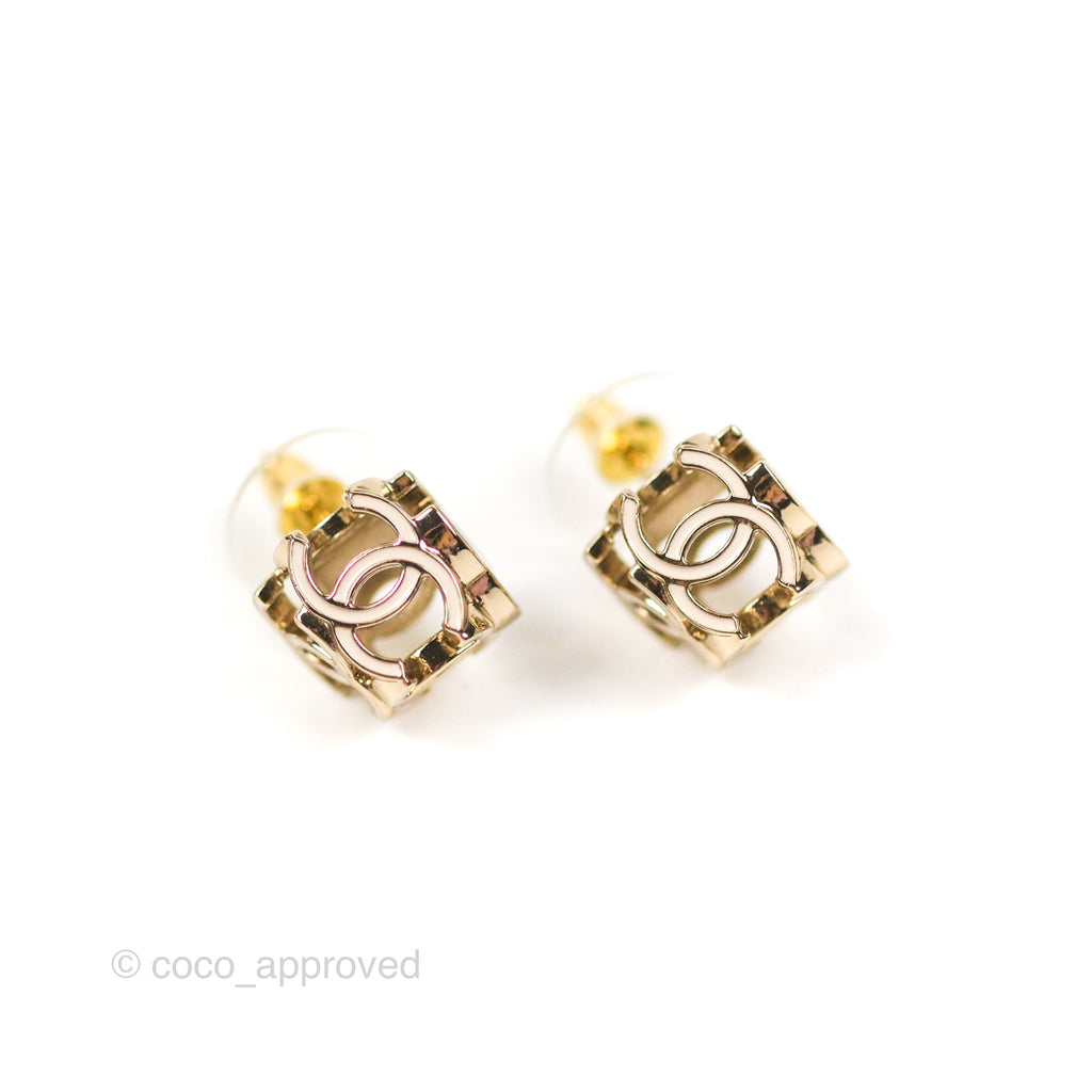 Chanel CC Gold/White Cube Earrings Gold Tone 22K Rich text editor