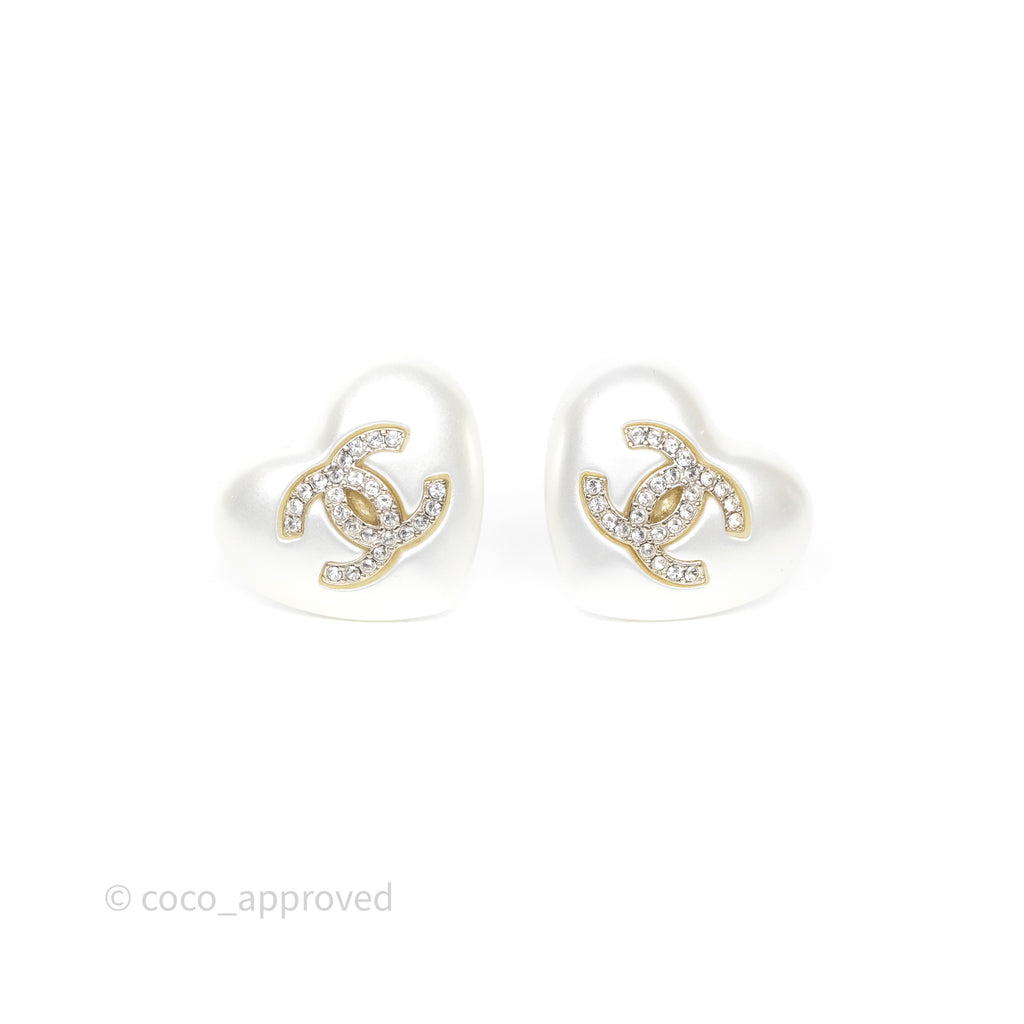 Chanel Pearl Heart Crystal CC Earrings  Gold Tone 22V