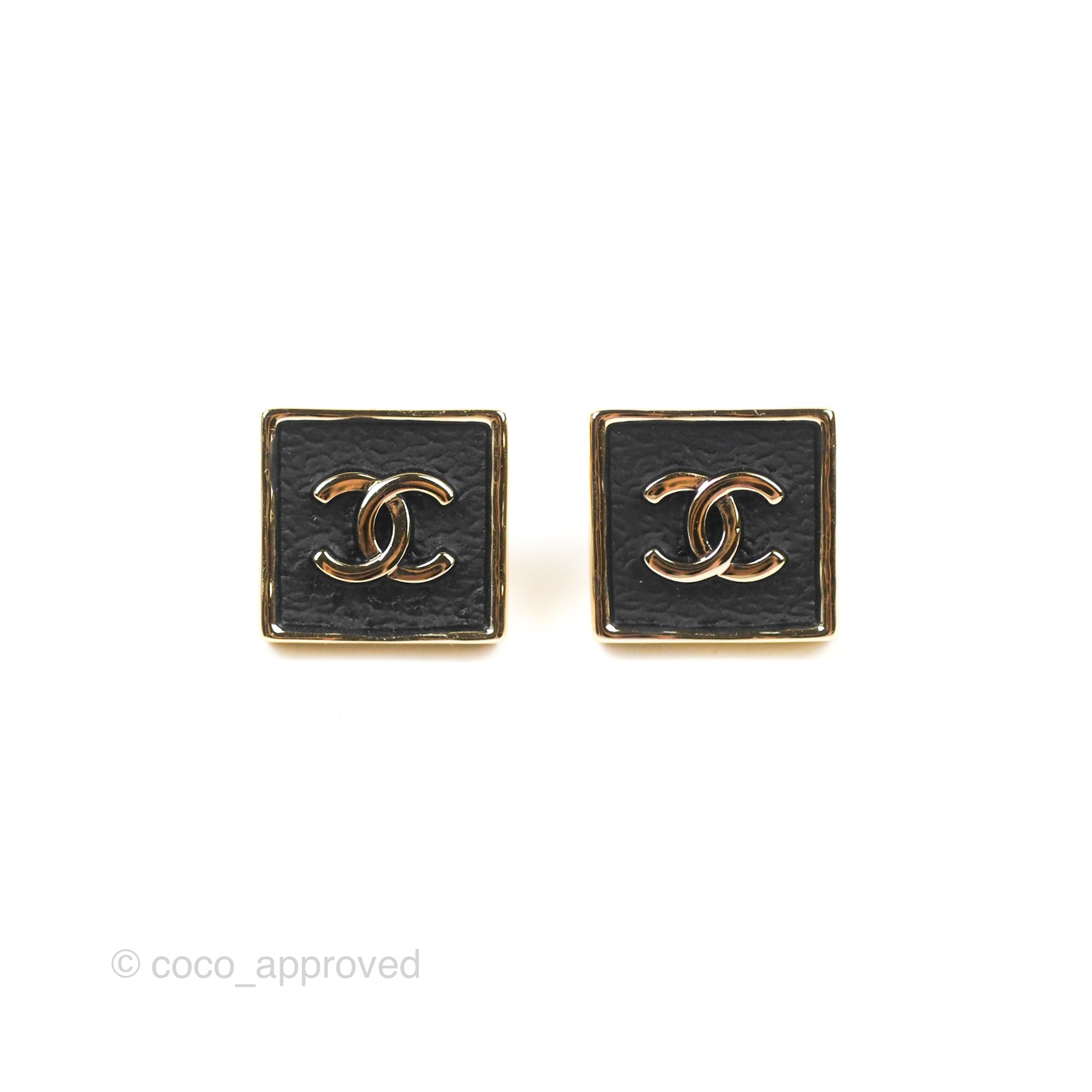 Chanel Black Leather Square CC Earrings Gold Tone 23S