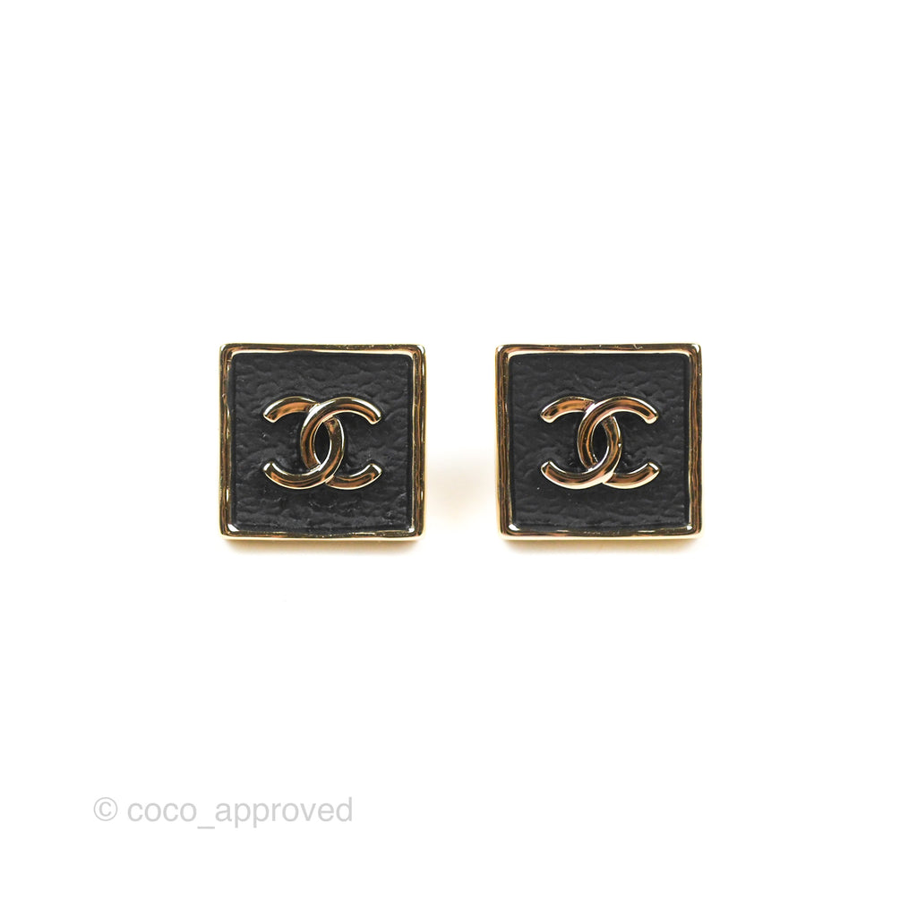 Chanel Black Leather Square CC Earrings Gold Tone 23S – Coco