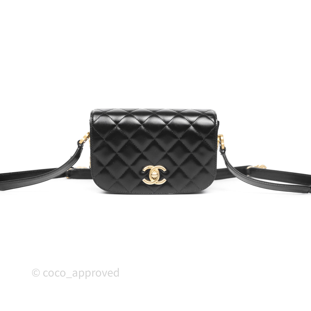 Chanel Quilted Mini Messenger with CC Logo Strap Black Shiny Calfskin/ Suede Goatskin Aged Gold Hardware