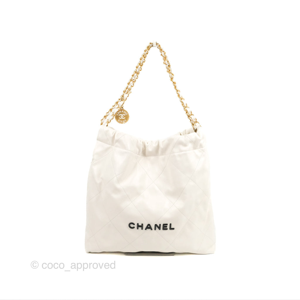 Chanel 22 Medium White Black Logo Aged Calfskin Aged Gold Hardware