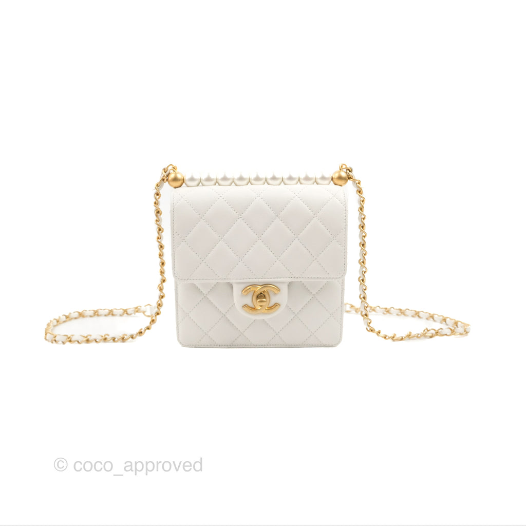 Chanel Quilted Chic Pearls Flap White Goatskin Aged Gold Hardware