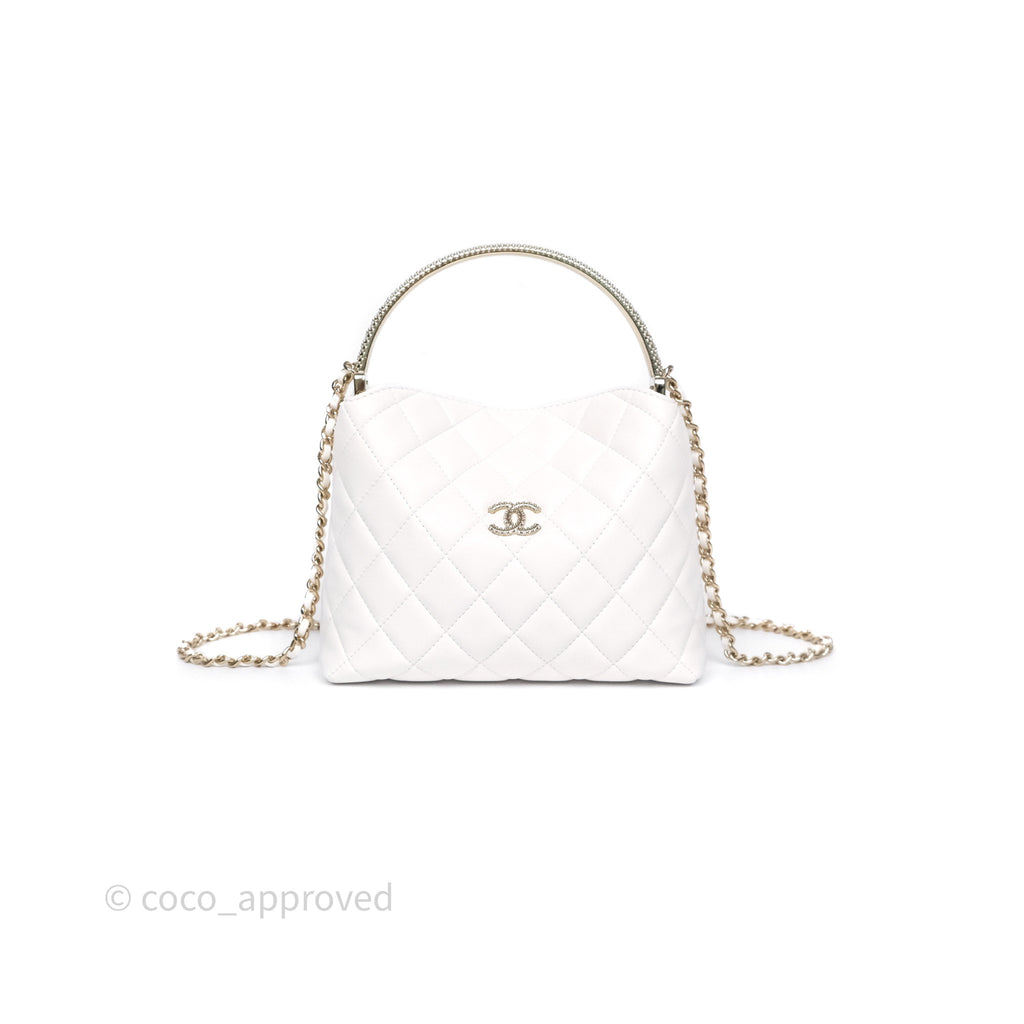 Chanel Crystal Top Handle Hobo Bag with Chain Quilted White Lambskin Gold Hardware 25B