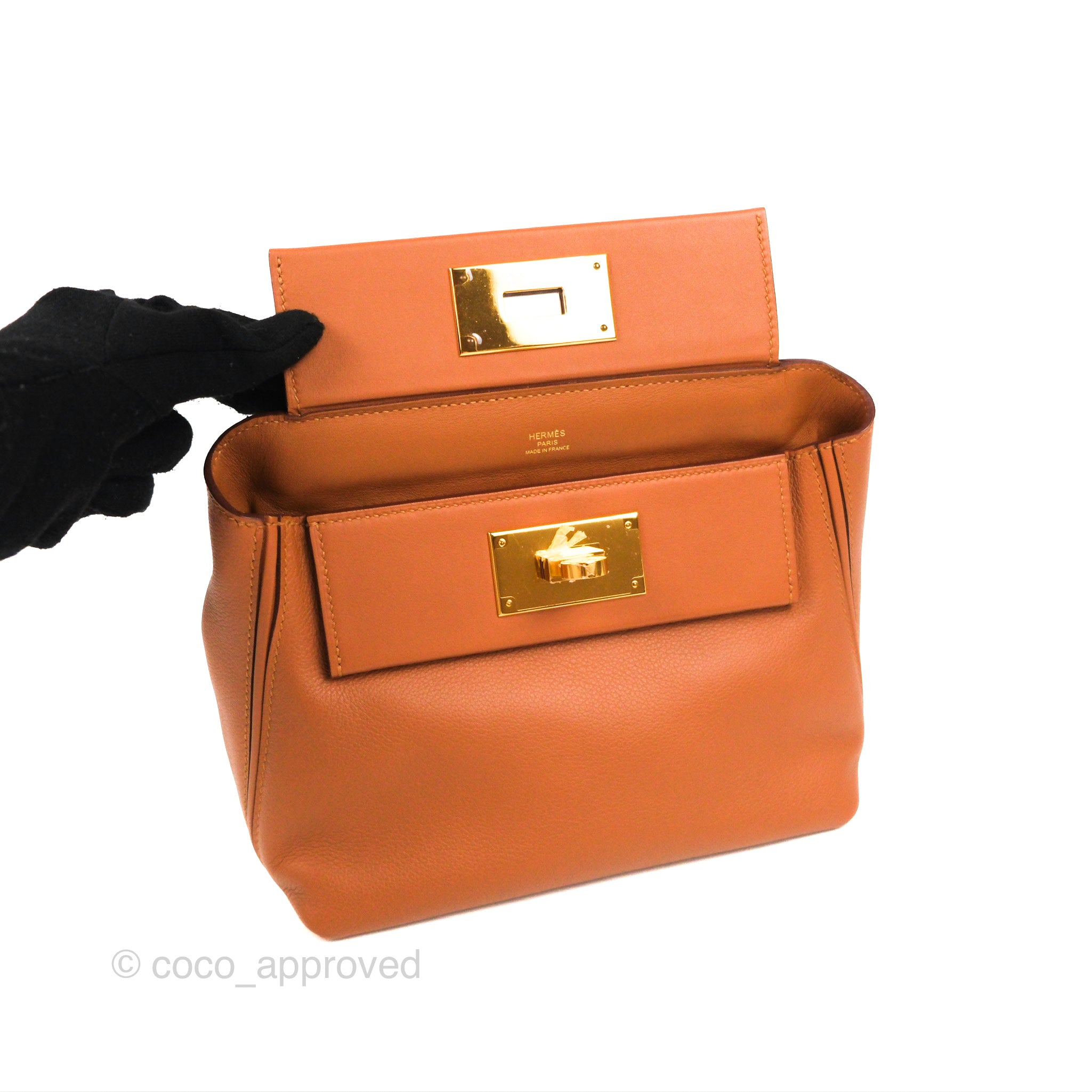 Hermes Mini 21 24/24 Bag Gold Evercolor Swift Palladium Hardware Handbag