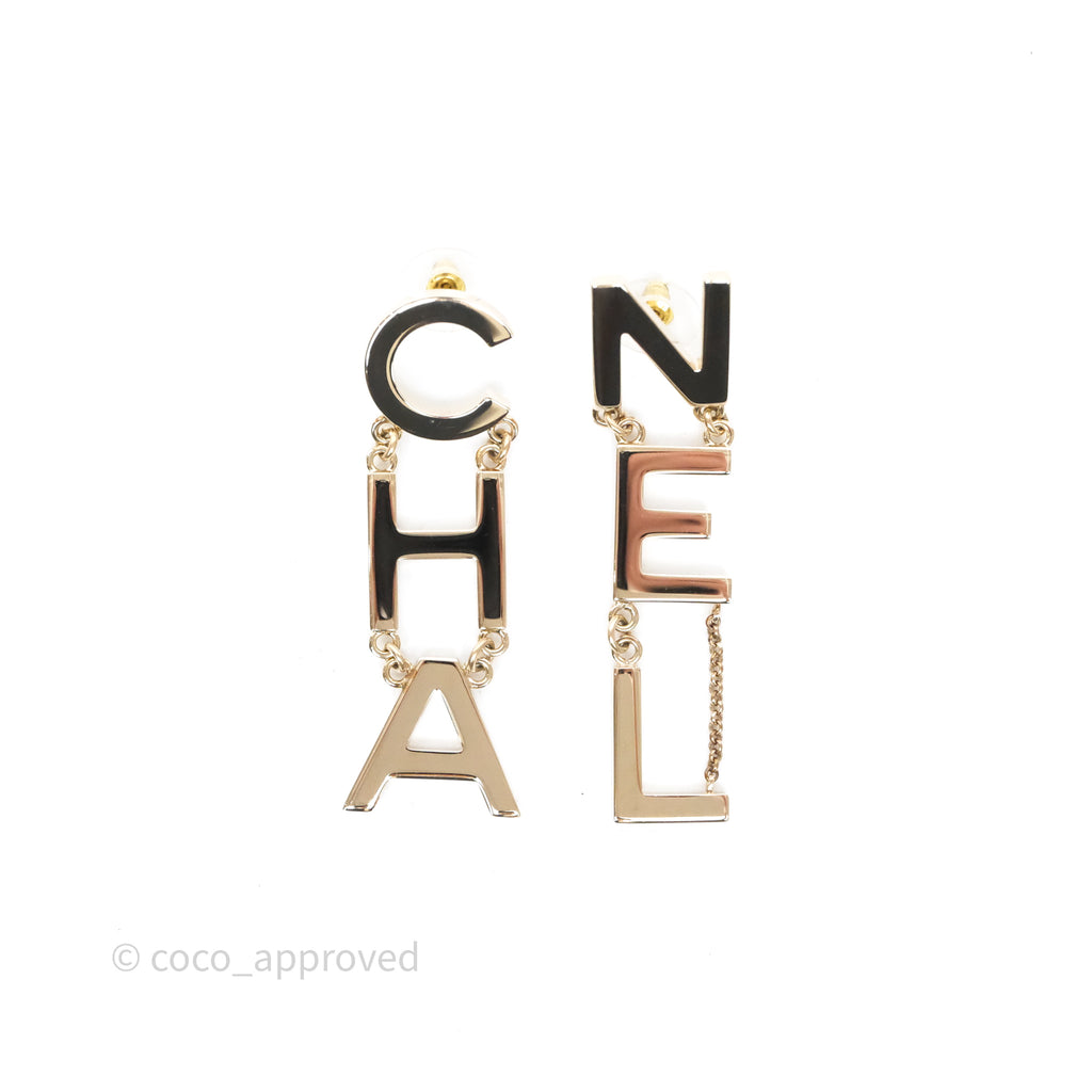 Chanel Letter Cha-Nel Logo Drop Earrings Gold Tone 21V
