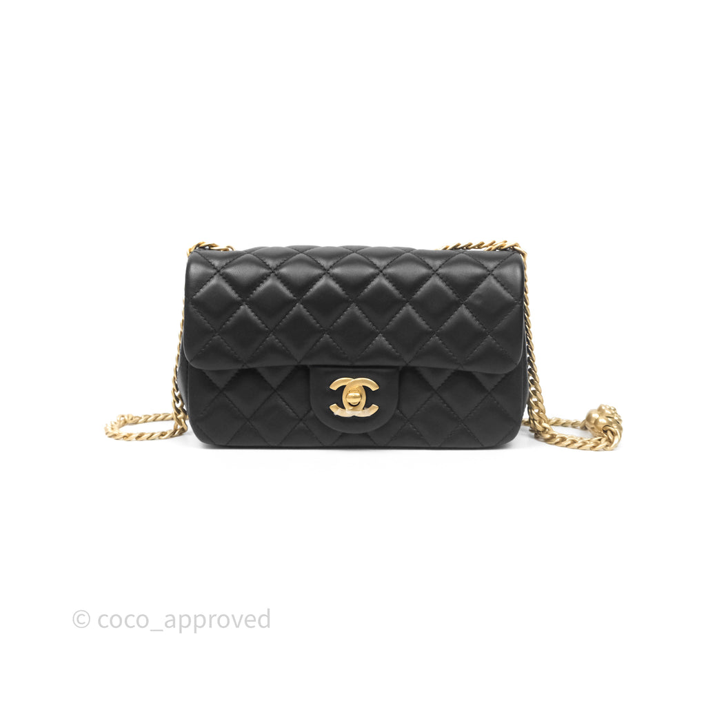 Chanel Mini Rectangular Flap with Camellia Adjustable Chain Black Lambskin Aged Gold Hardware