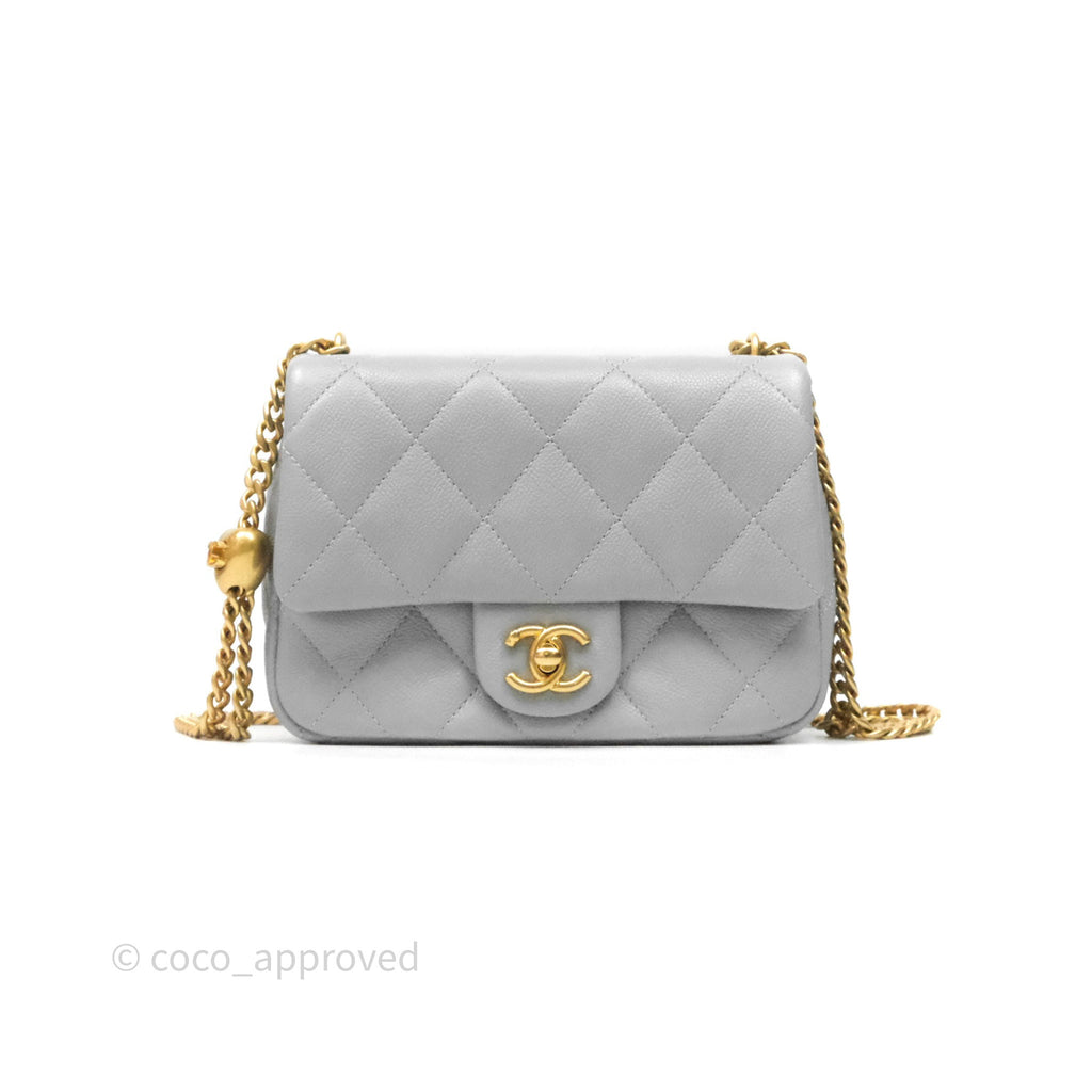 Chanel Mini Flap Bag Heart Adjustable Chain Grey Caviar Aged Gold Hardware