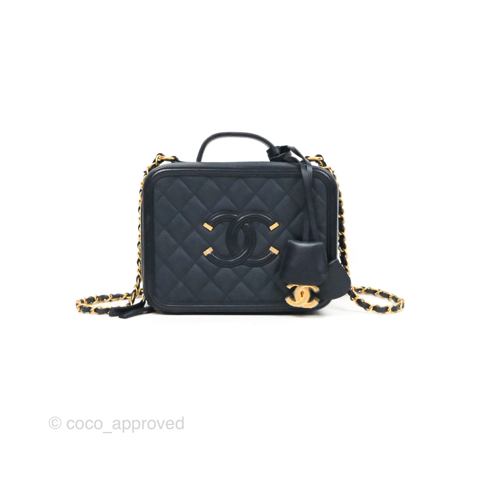 Authenticated Chanel CC Filigree Caviar Vanity Case Black Leather Bag