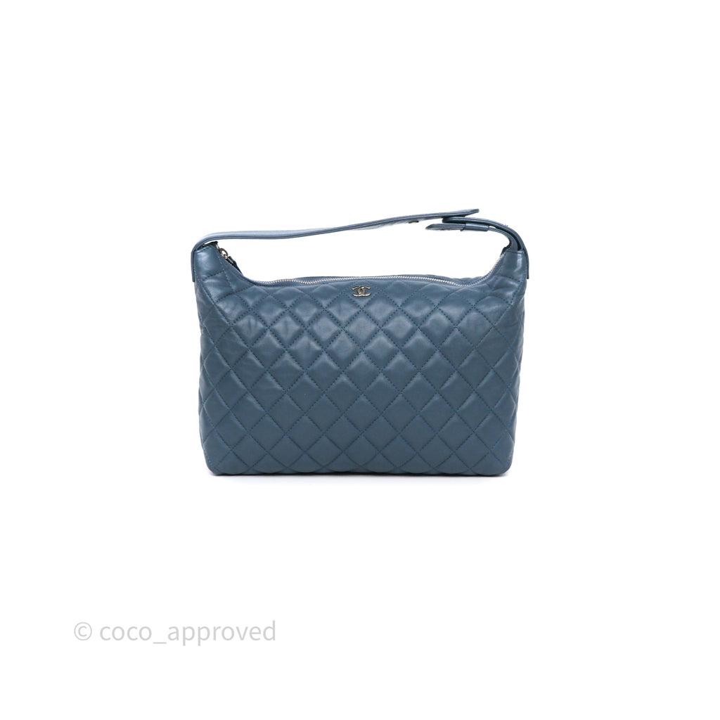 Chanel Quilted Hobo Handbag Teal Lambskin Silver Hardware