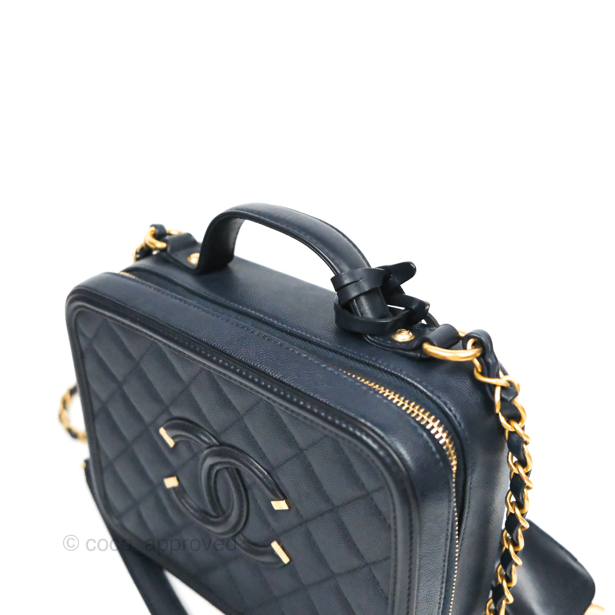 Chanel Quilted Medium CC Filigree Vanity Case Dark Navy Caviar Gold Ha –  Coco Approved Studio