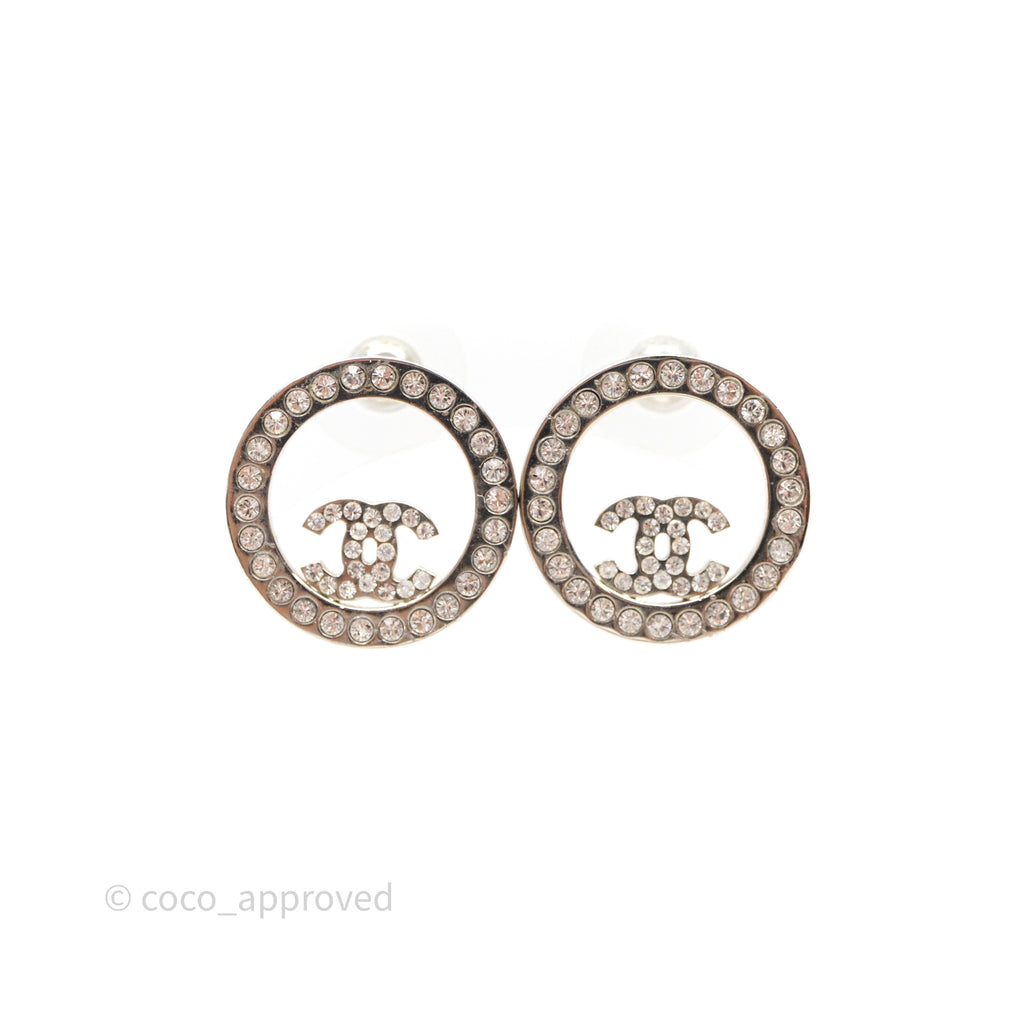Chanel Crystal CC Round Earrings Silver Tone 17S