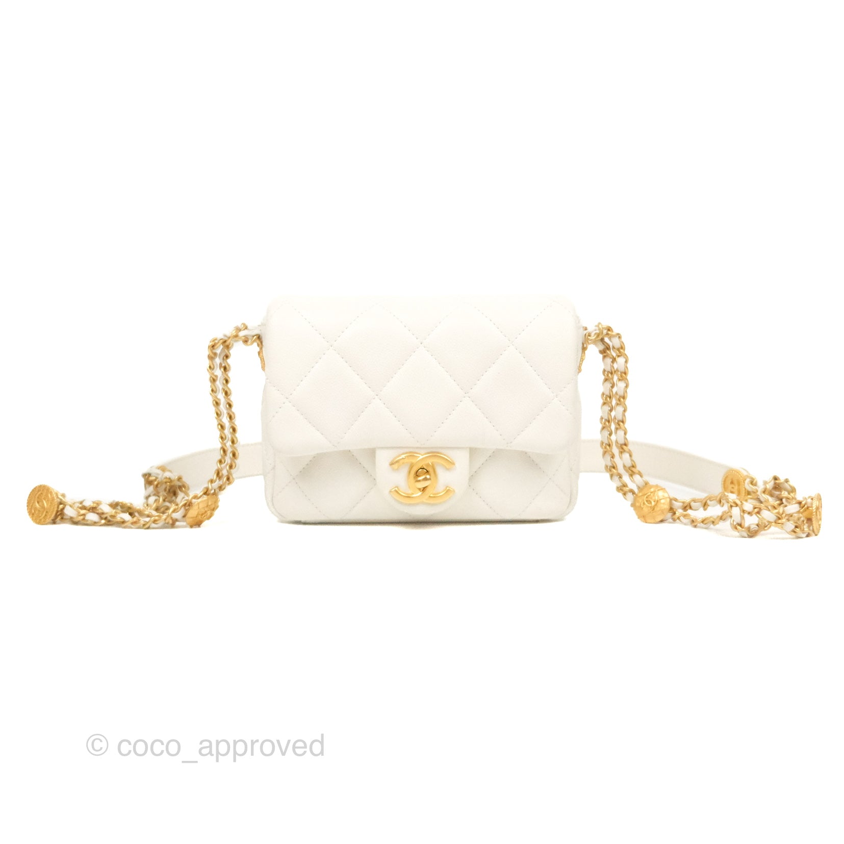 Chanel Mini Flap with Coin Charm White Caviar Aged Gold Hardware