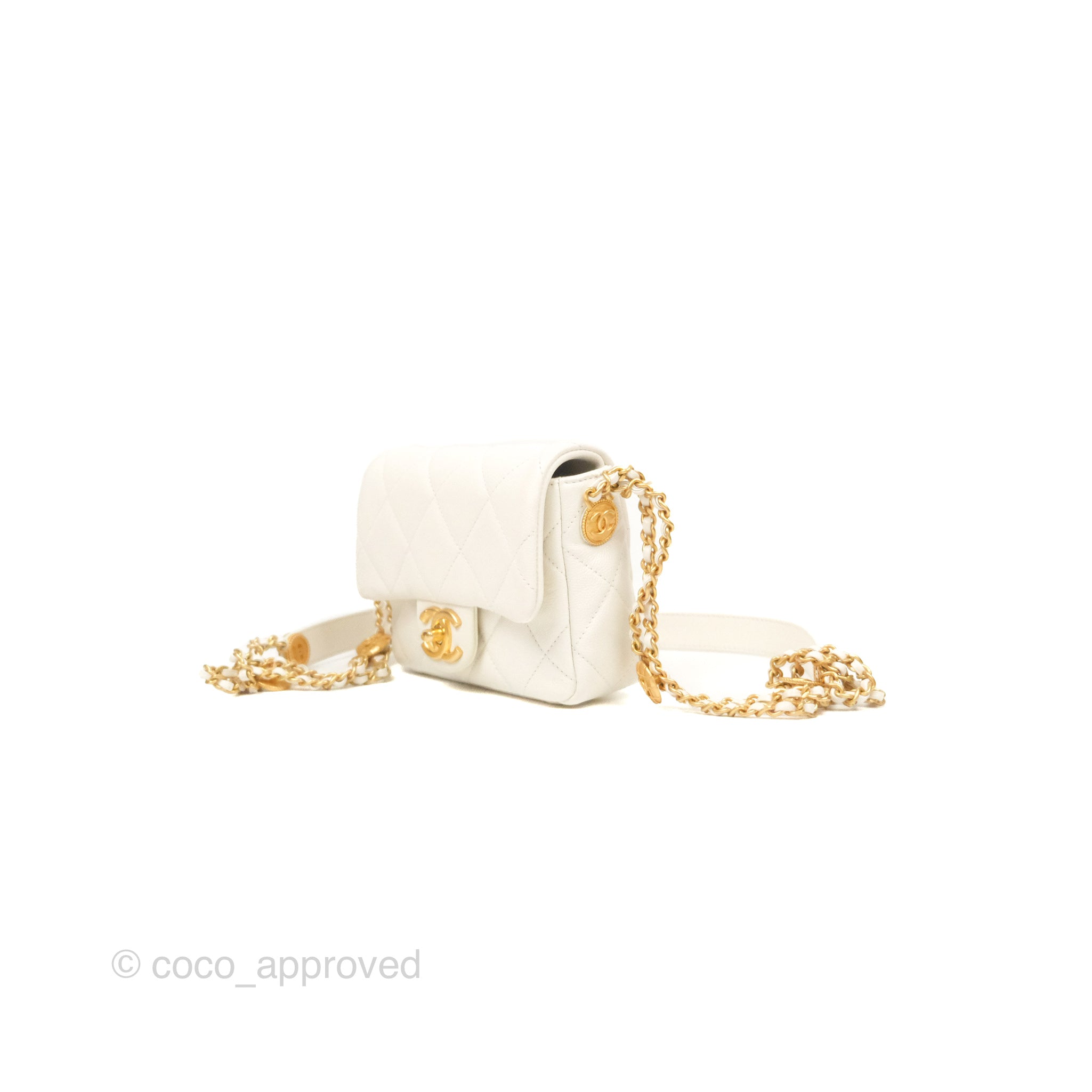 Chanel Mini Flap with Coin Charm White Caviar Aged Gold Hardware 22A