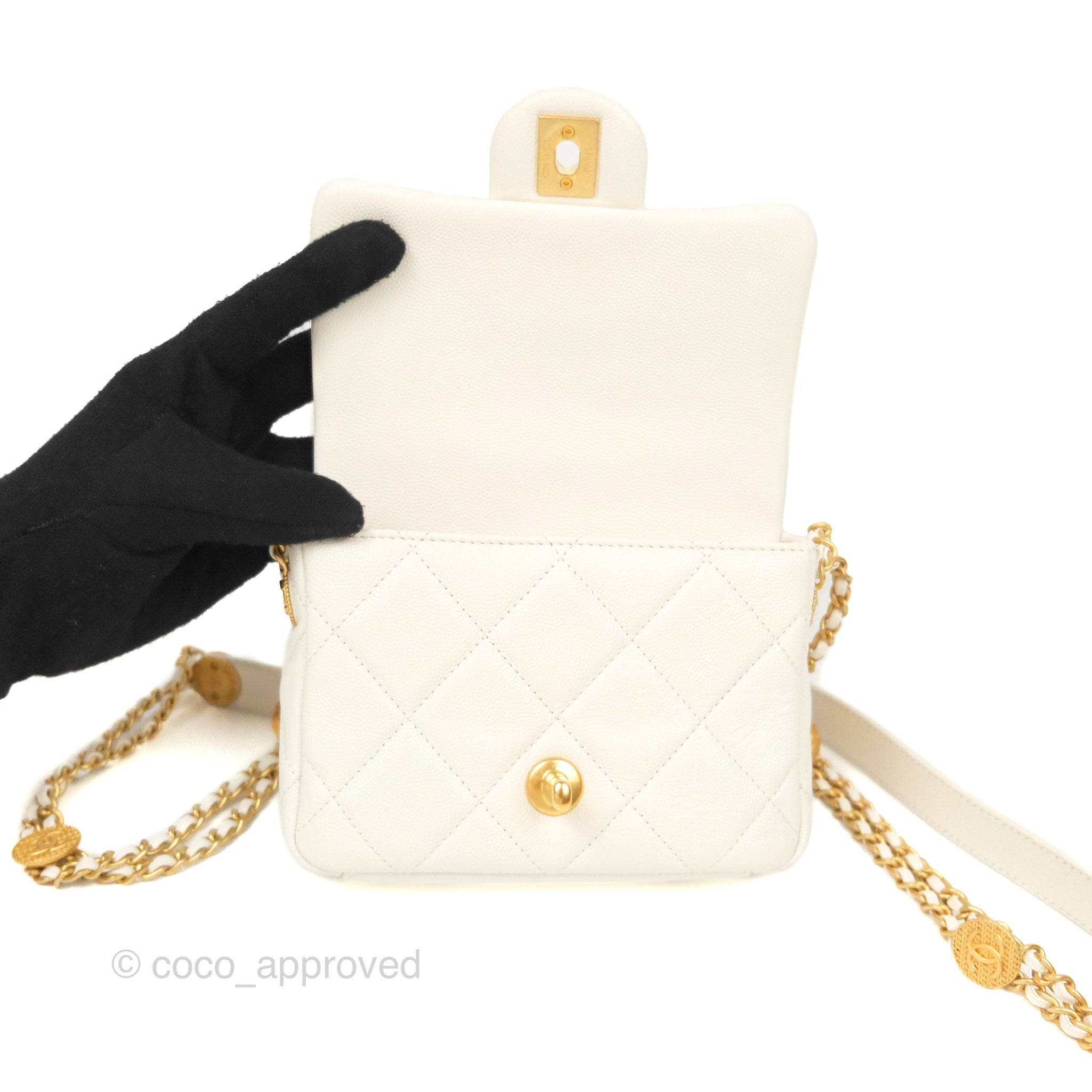 Chanel Mini Flap with Coin Charm White Caviar Aged Gold Hardware