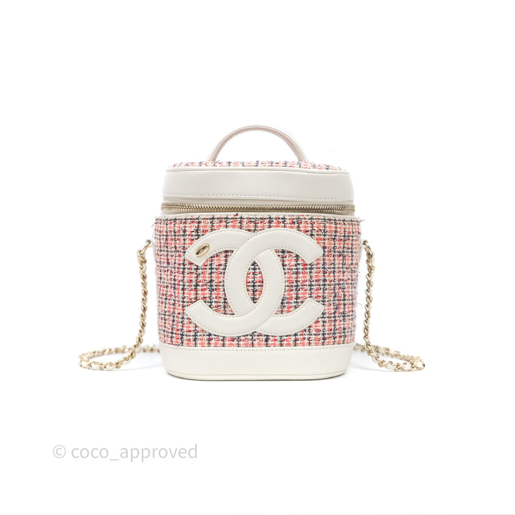 Chanel Round Vanity Clutch With Chain White Tweed Gold Hardware