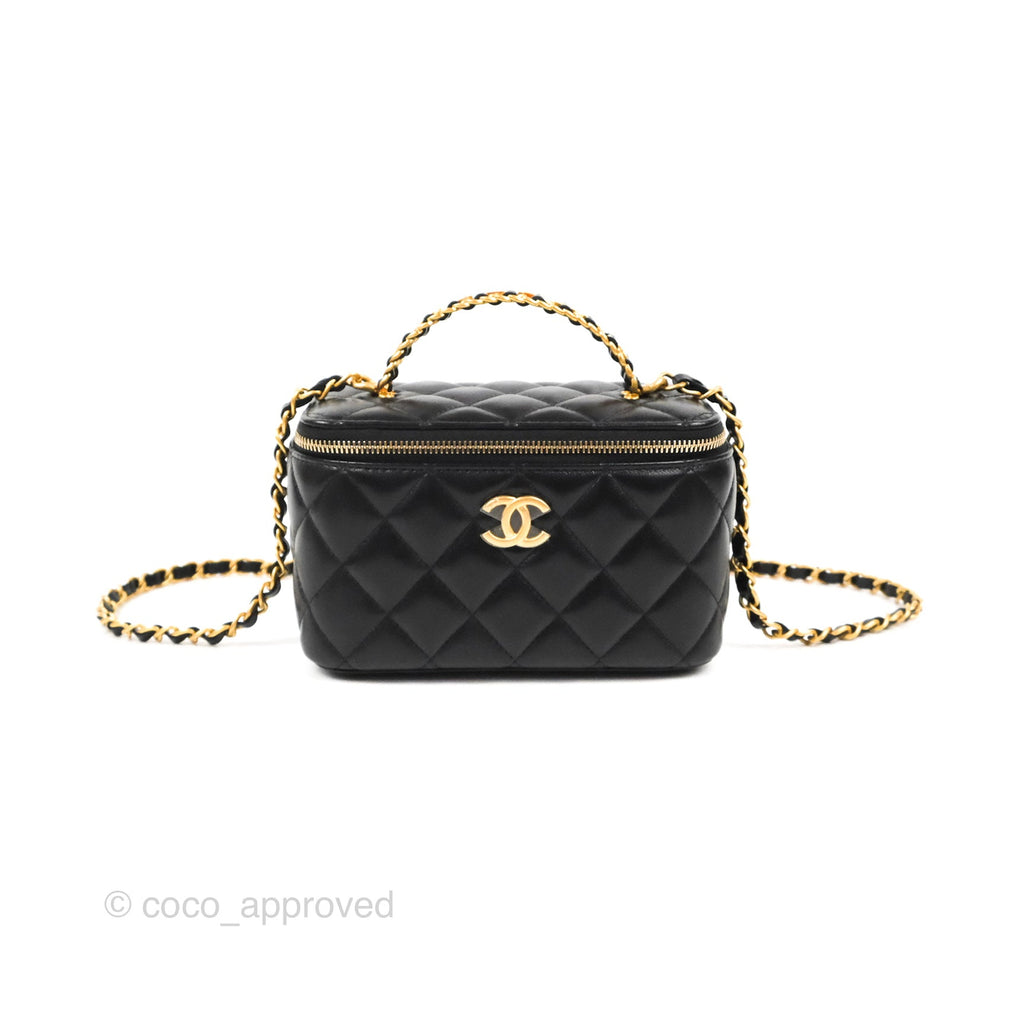 Chanel Vanity Rectangular with Top Handle Black Lambskin Aged Gold Hardware