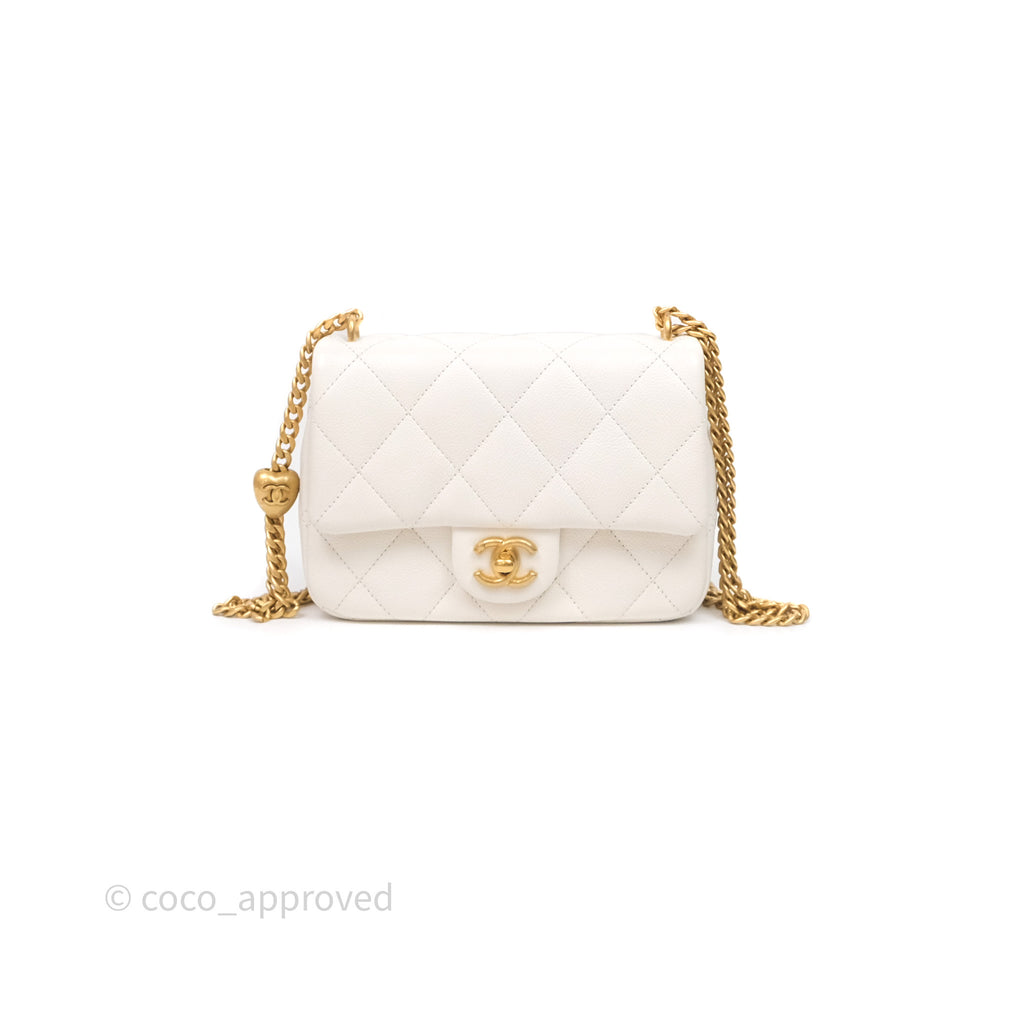 Chanel Mini Flap Bag Heart Adjustable Chain White Caviar Aged Gold Hardware