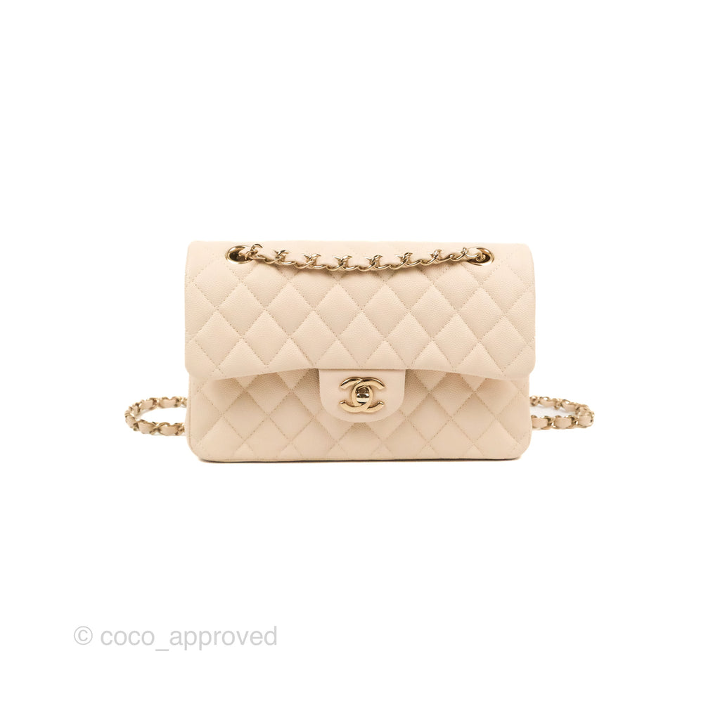 Chanel Small Classic Quilted Flap Light Ivory Beige Caviar Gold Hardware 20C