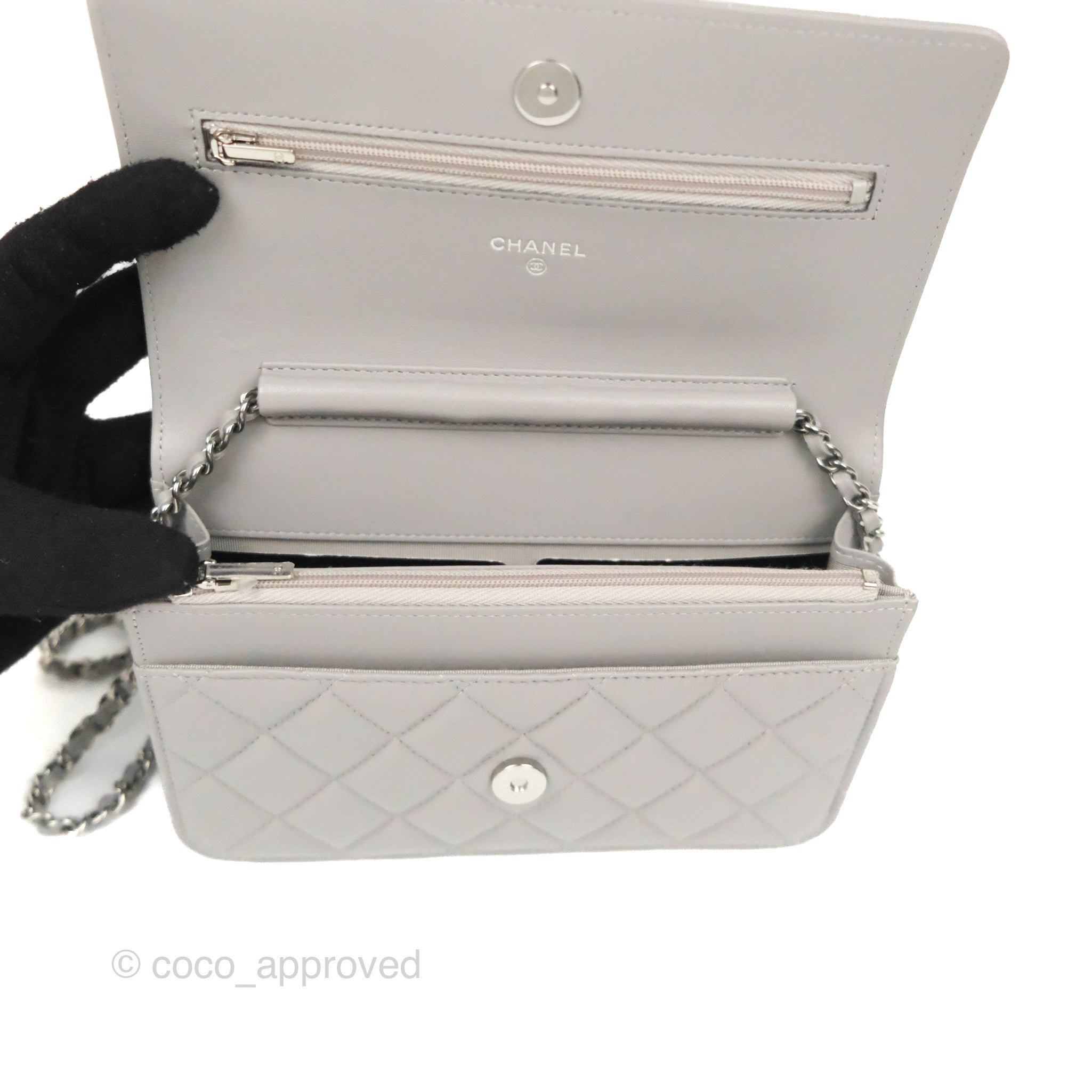 Chanel Quilted Classic Wallet on Chain WOC Grey Lambskin Silver