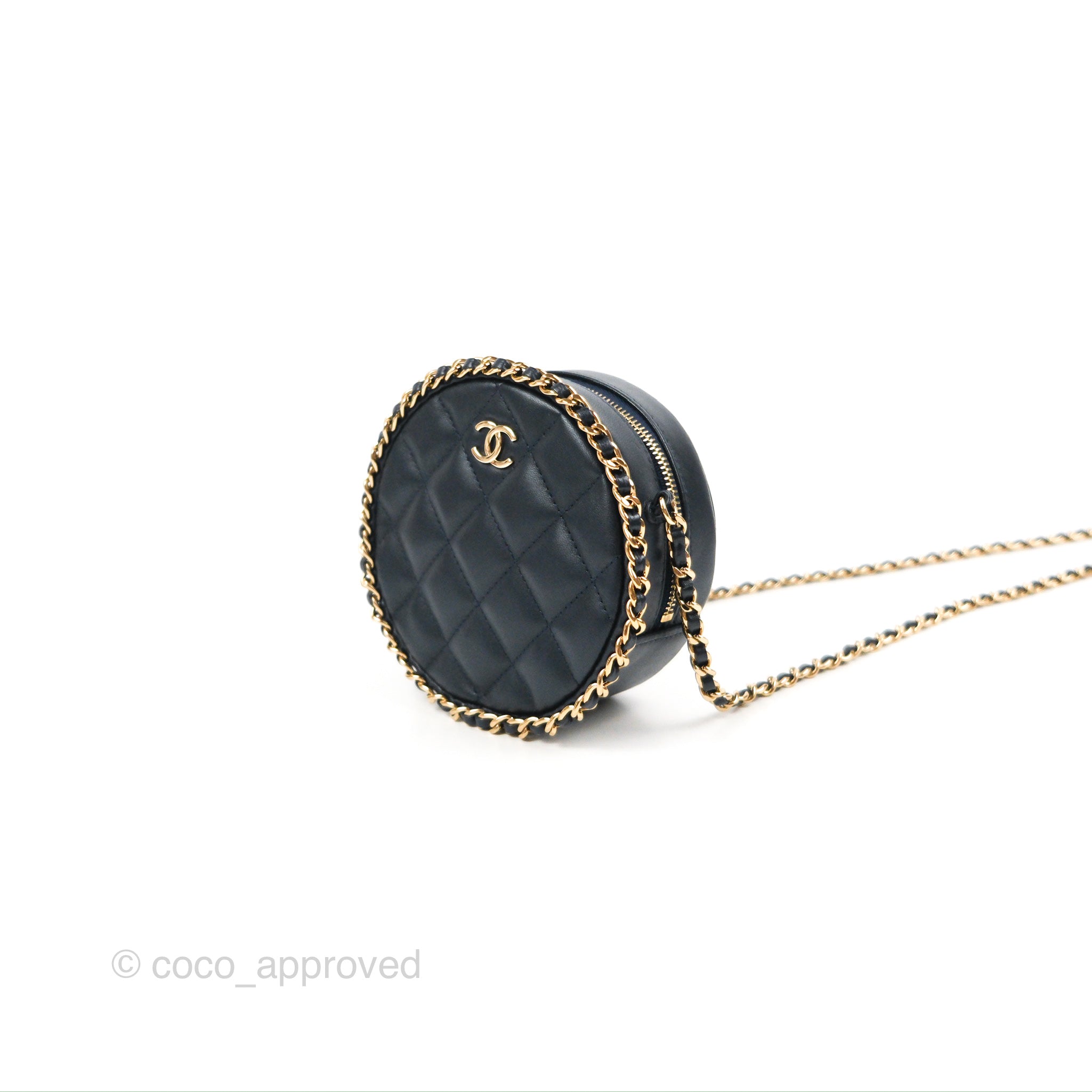 Chanel Quilted Chain Around Circle Bag Dark Navy Lambskin Gold Hardwar –  Coco Approved Studio