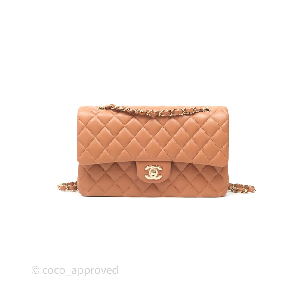 Chanel Classic M/L Medium Flap Quilted Dark Beige Caramel Lambskin Gold Hardware