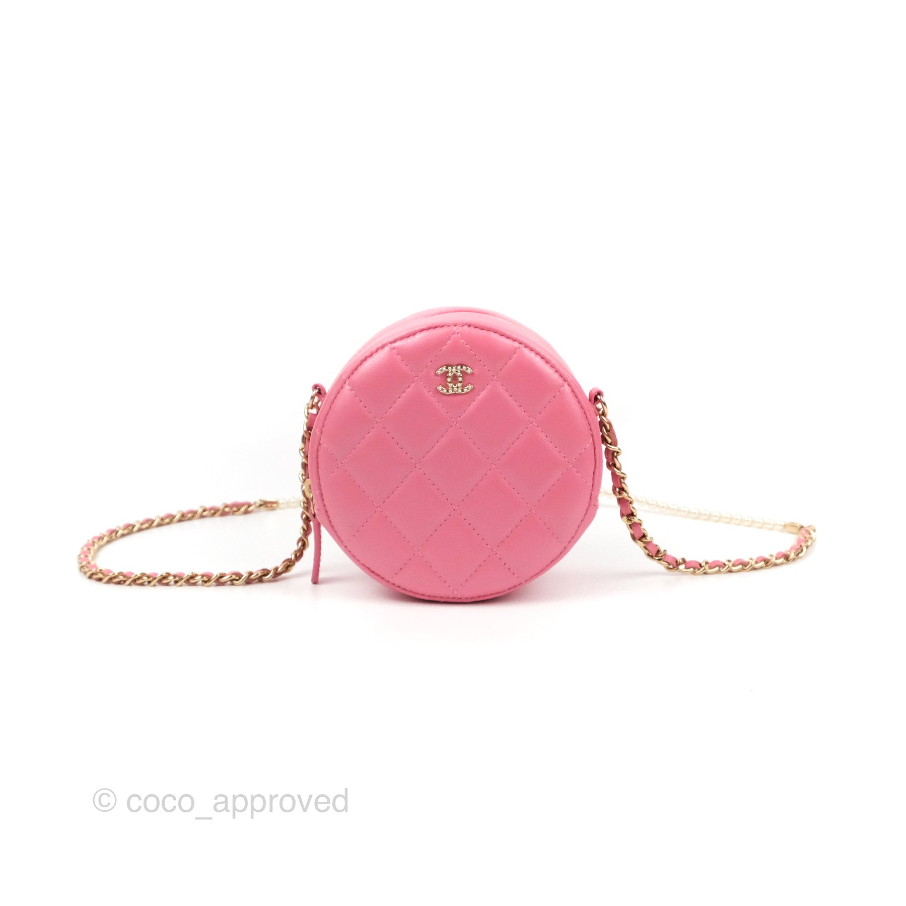 Chanel Patent Calfskin and PVC Filigree Round Clutch with Chain Silver Hardware, 2020, Blue/Pink Womens Handbag