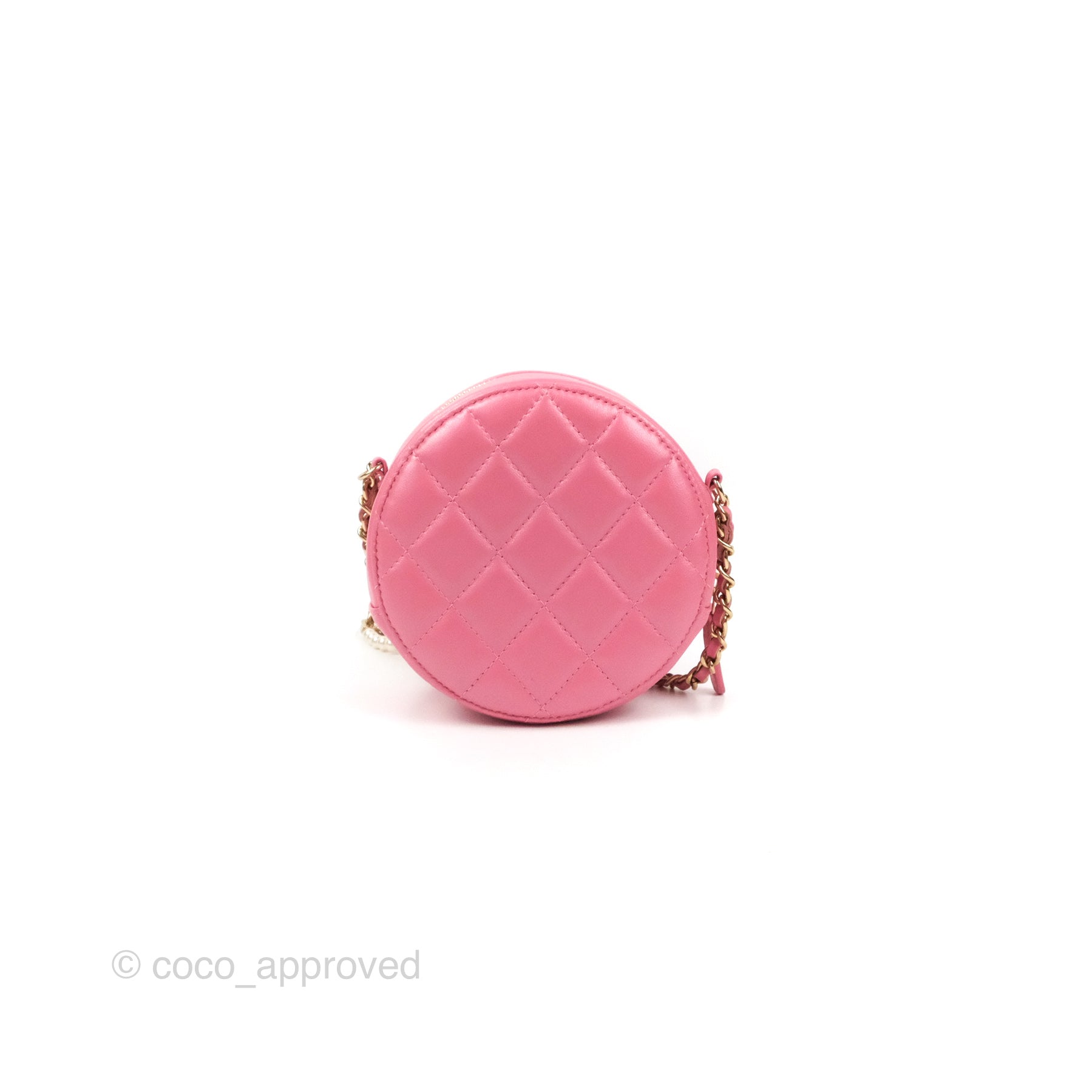 Chanel Quilted Round Clutch With Pearl Chain Iridescent Pink