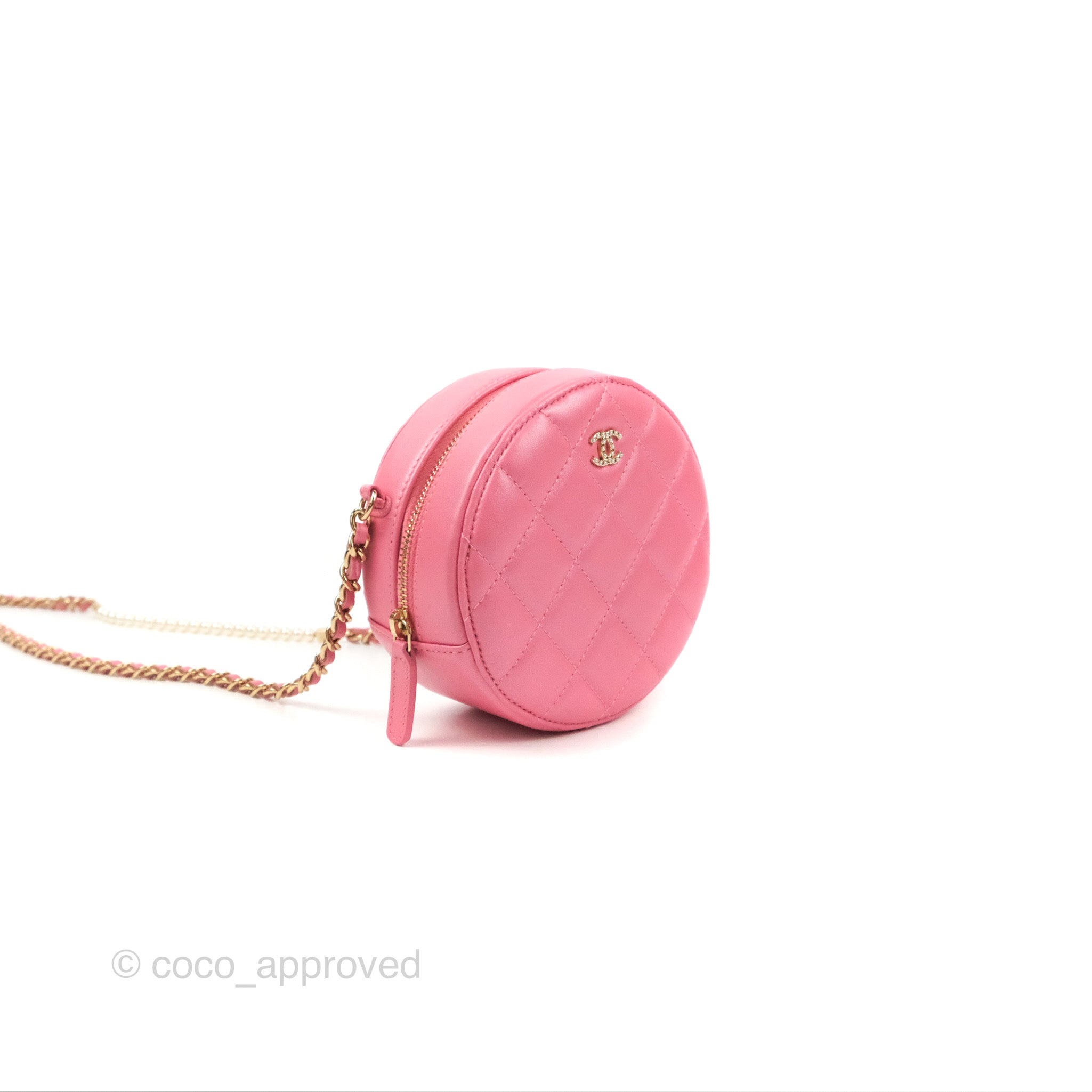 Chanel Quilted Round Clutch With Pearl Chain Iridescent Pink