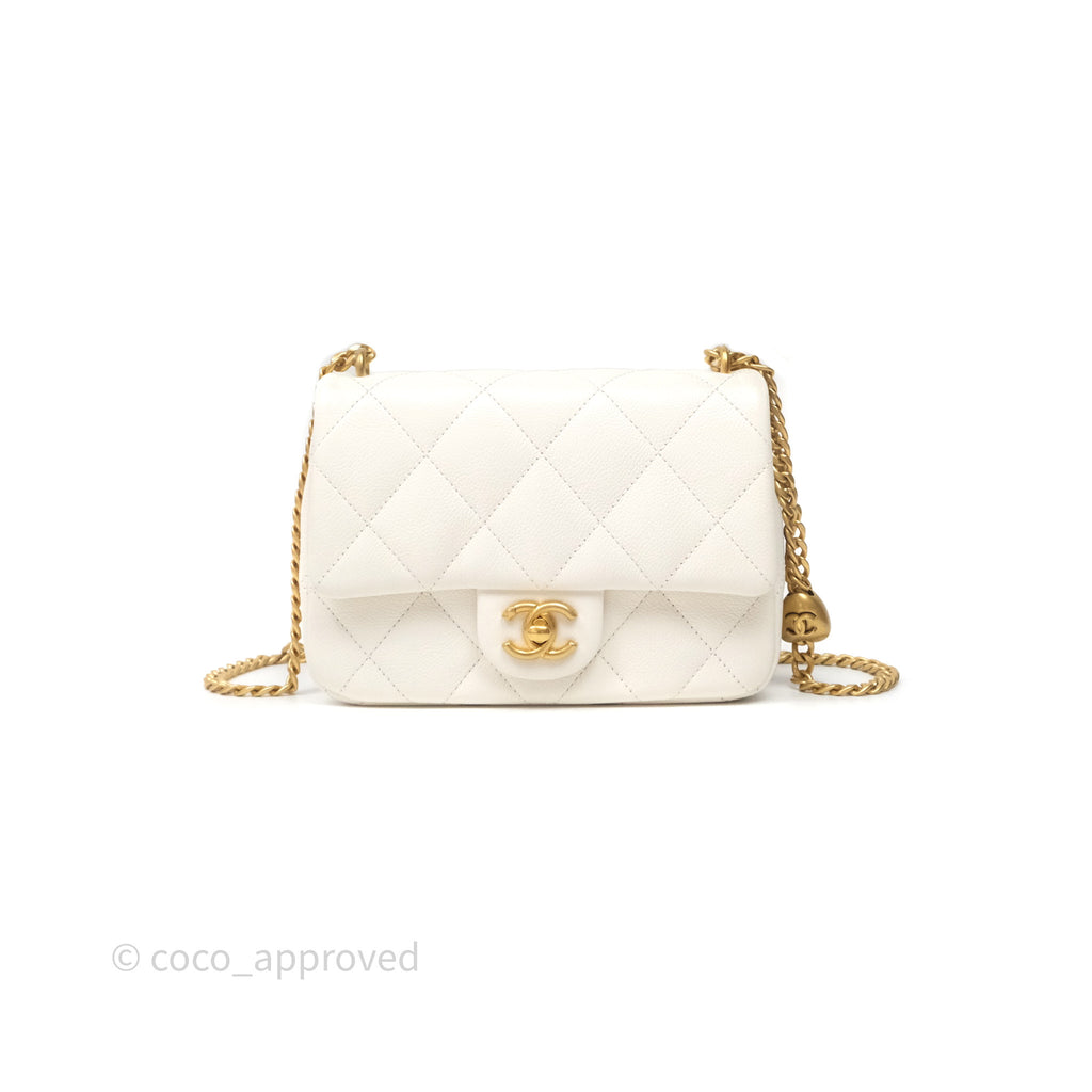 Chanel Mini Flap Bag Heart Adjustable Chain White Caviar Aged Gold Hardware