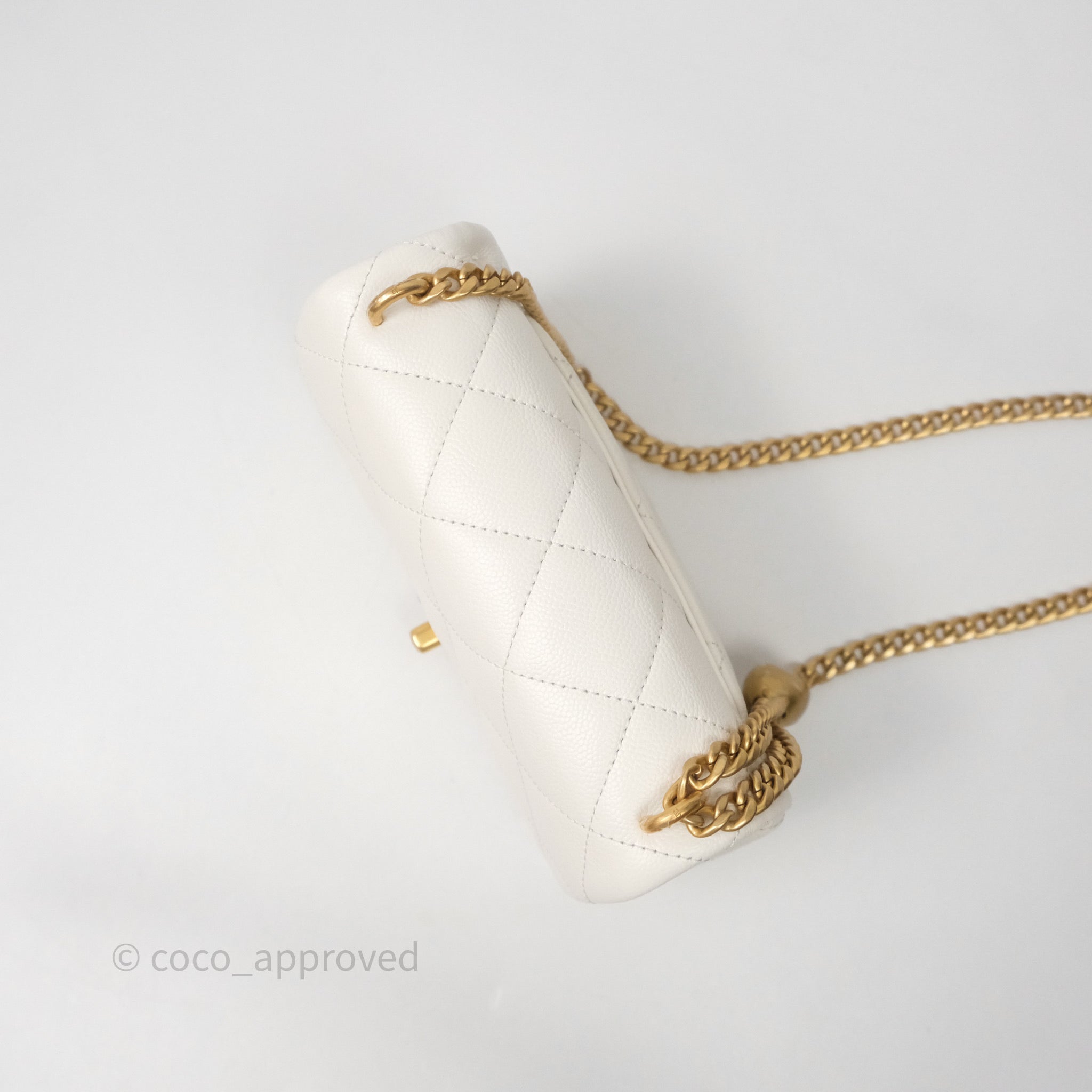 Chanel Mini Flap Bag Heart Adjustable Chain White Caviar Aged Gold