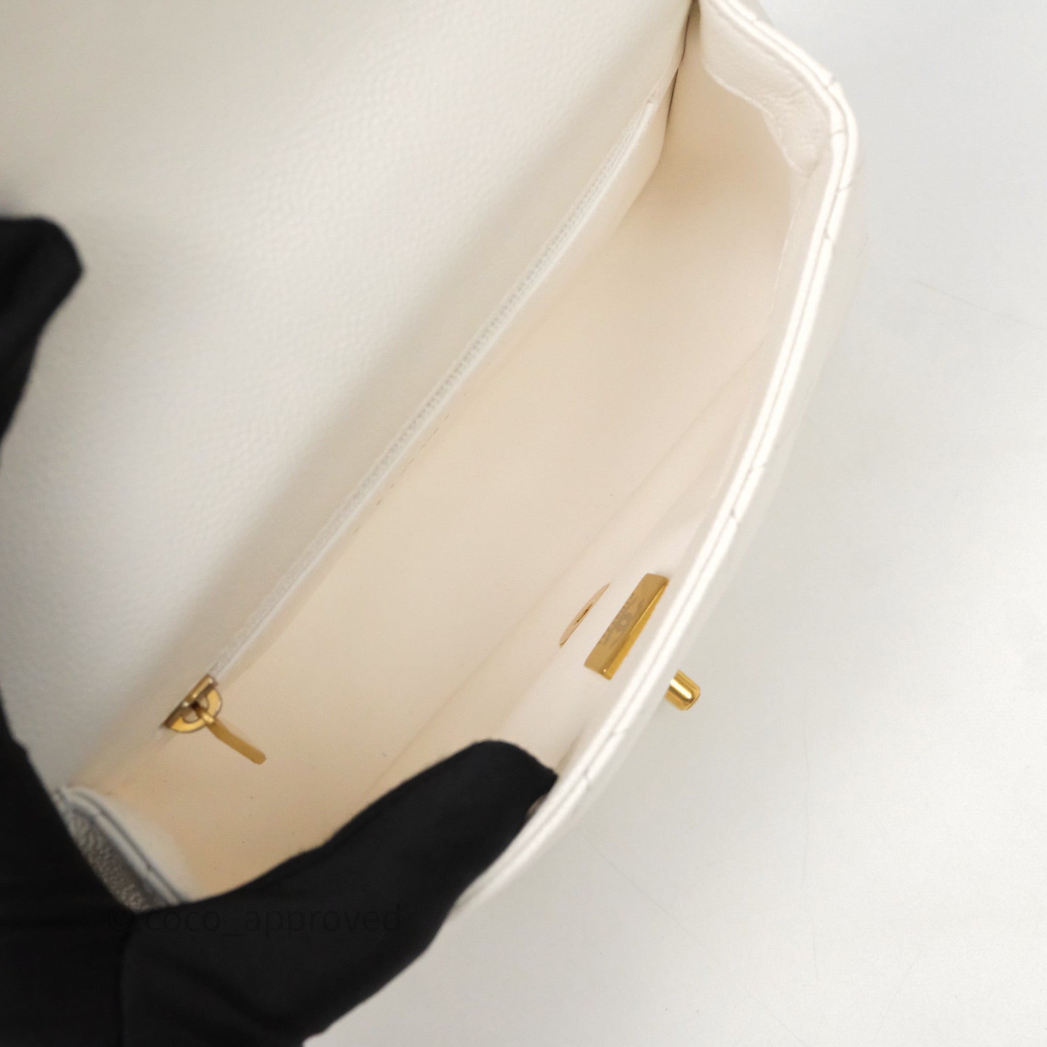 Chanel Mini Flap Bag Heart Adjustable Chain White Caviar Aged Gold
