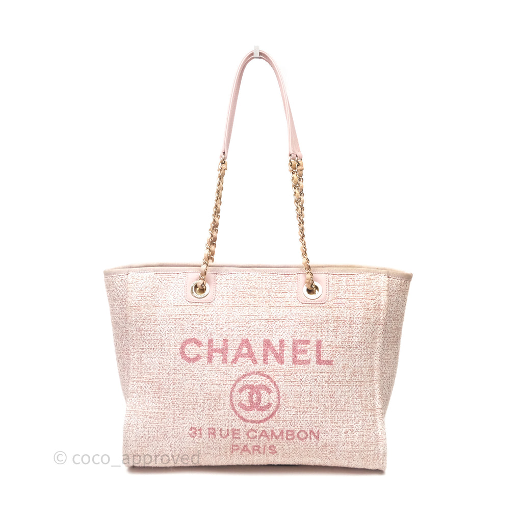 Chanel Medium Deauville Pink Glitter Raffia Gold Hardware