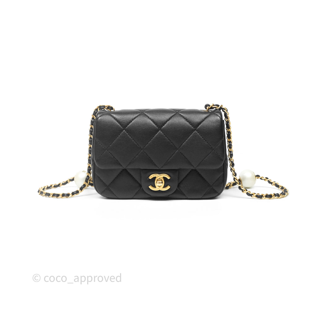 Chanel Mini Flap Bag With Pearl Black Lambskin Aged Gold Hardware