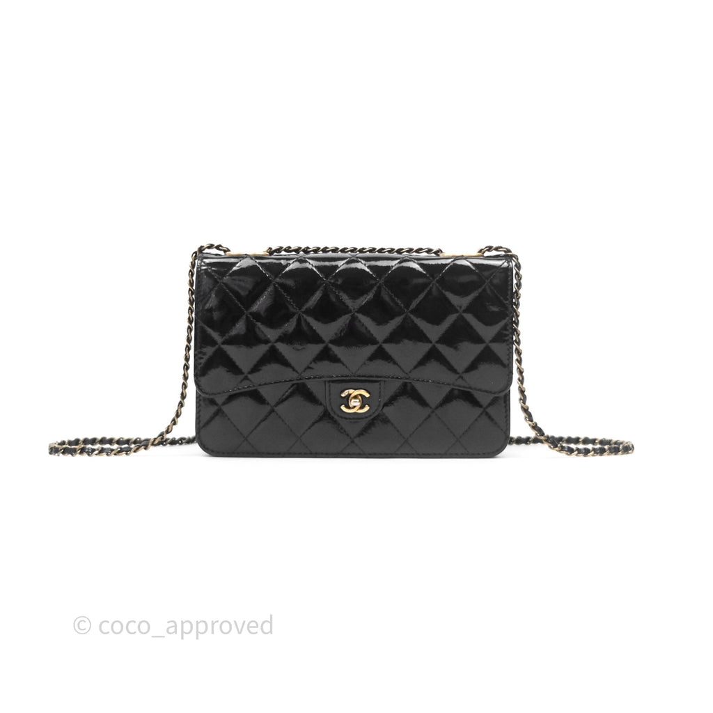 Chanel Quilted CC Logo Wallet On Chain Black Shiny Crumpled Calfskin Aged Gold Hardware
