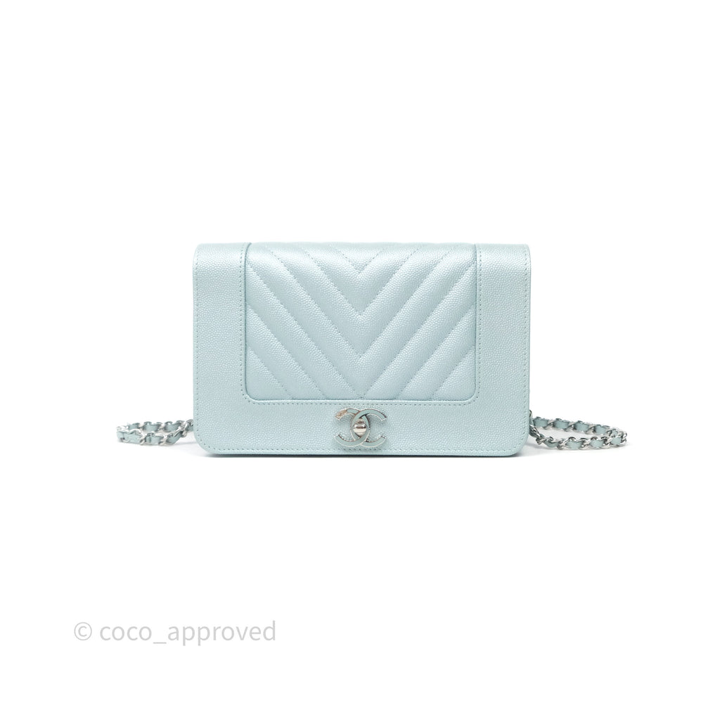 Chanel Mademoiselle Wallet On Chain WOC Chevron Iridescent Blue Caviar Silver Hardware