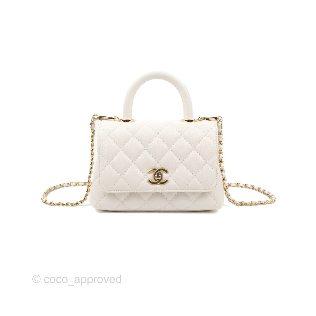 Chanel Mini Ivory White Coco Handle Quilted Caviar Gold Hardware