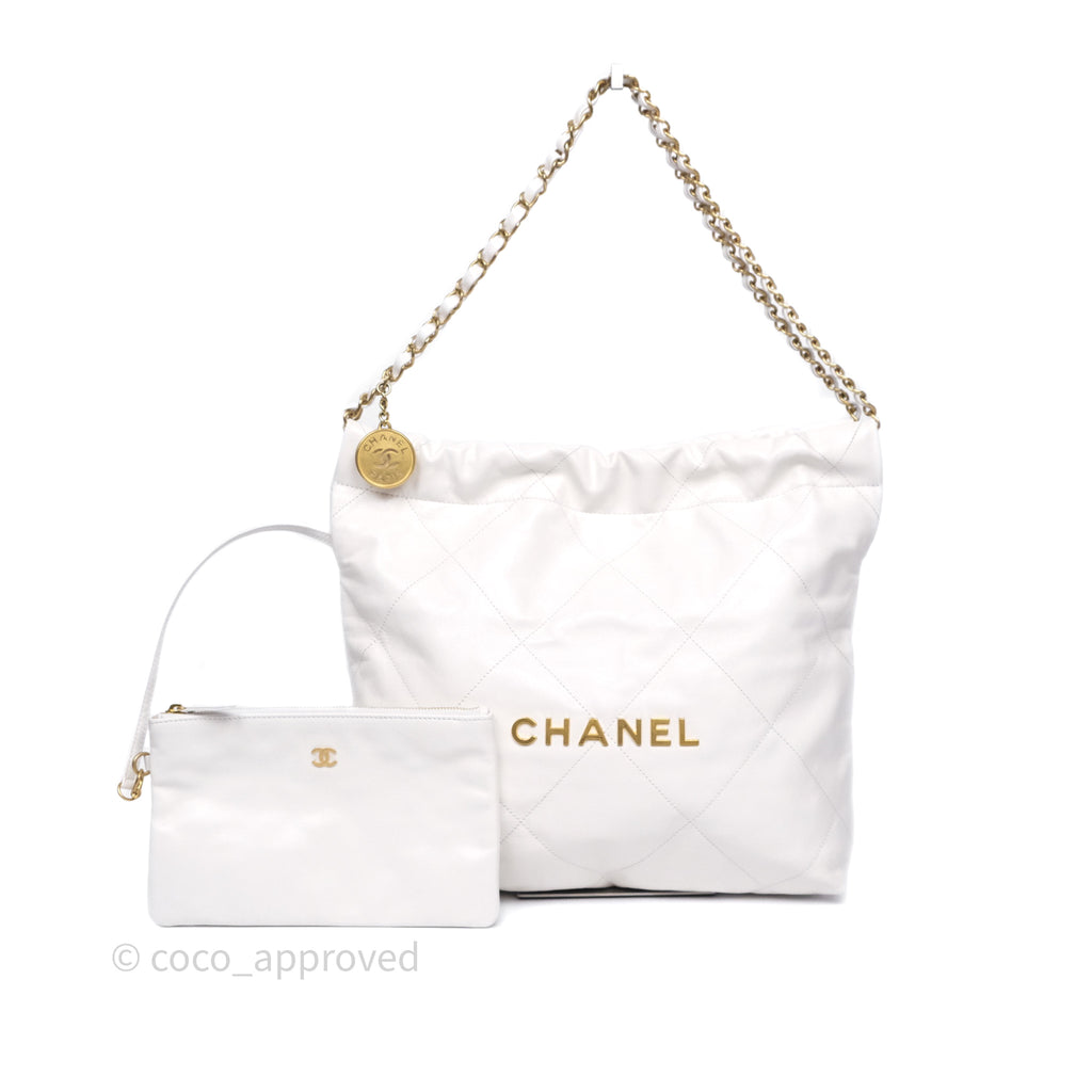 Chanel 22 Small White Shiny Calfskin Aged Gold Hardware