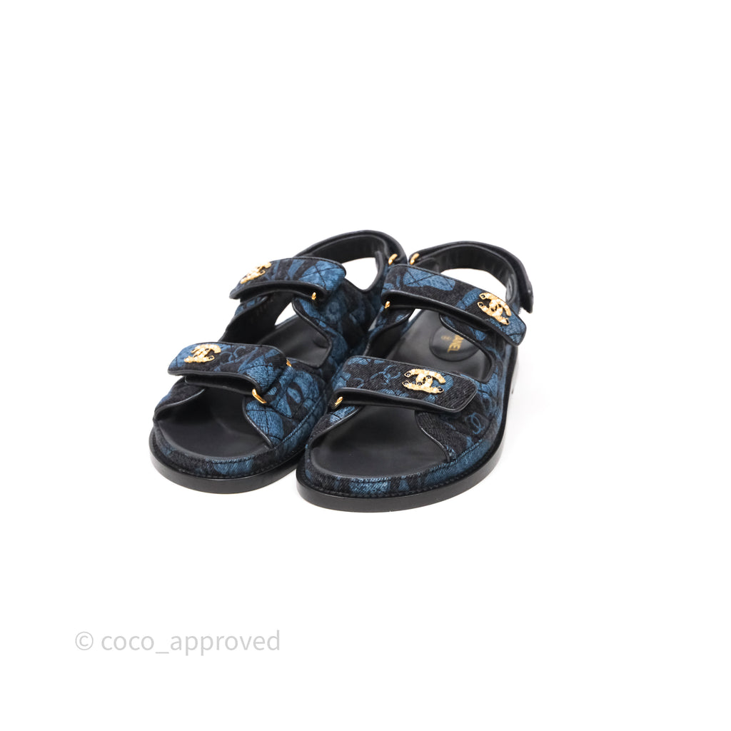 Chanel Dad Sandals CC Black Blue Denim Size 37