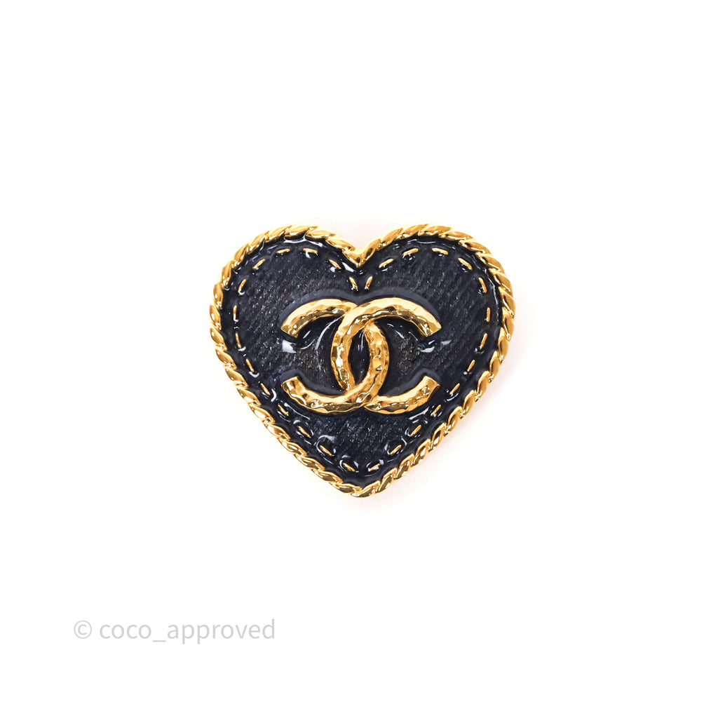 Chanel Denim Heart CC Brooch Gold Tone 24P
